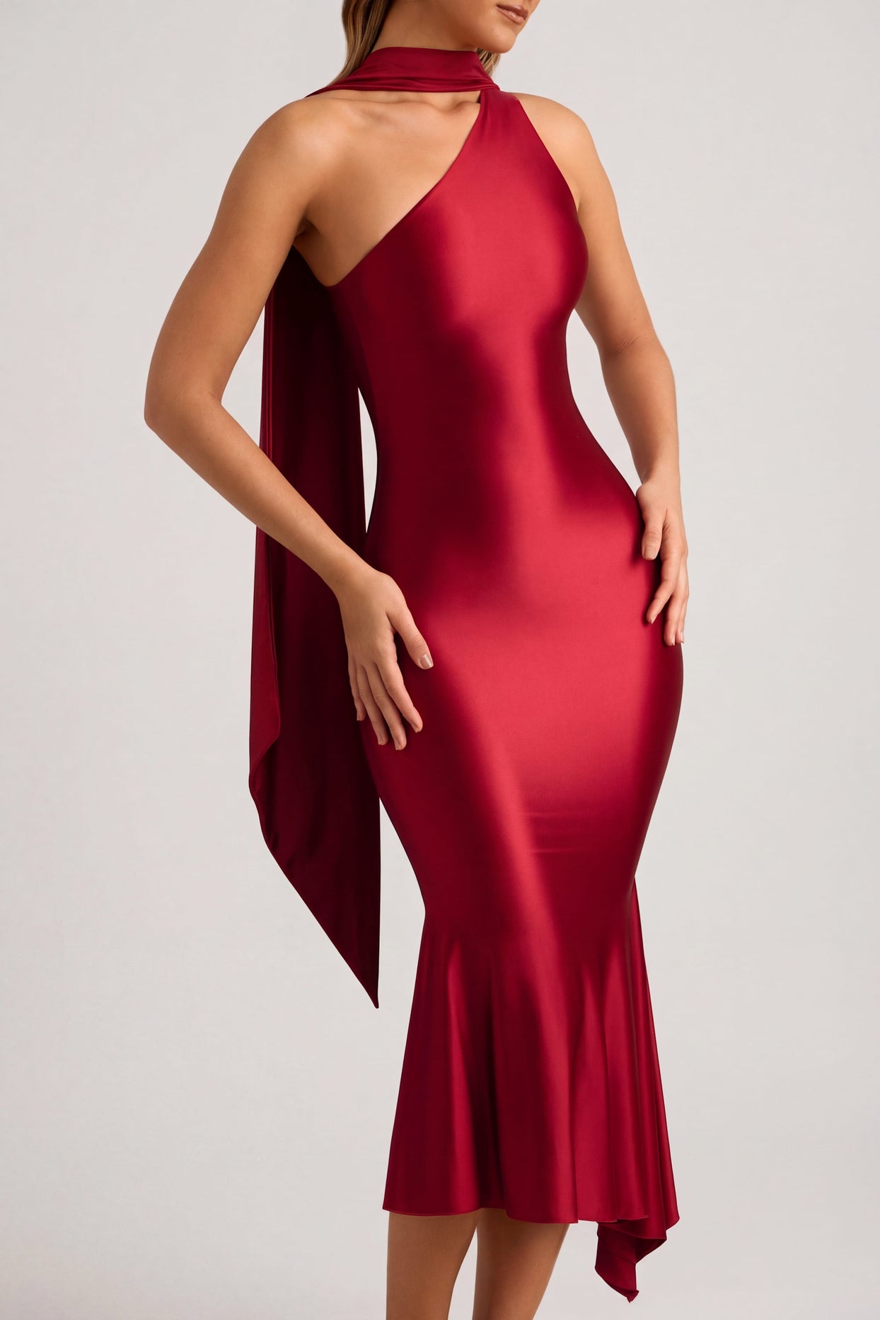 Asymmetric Scarf-Detail Midaxi Dress in True Red - 5