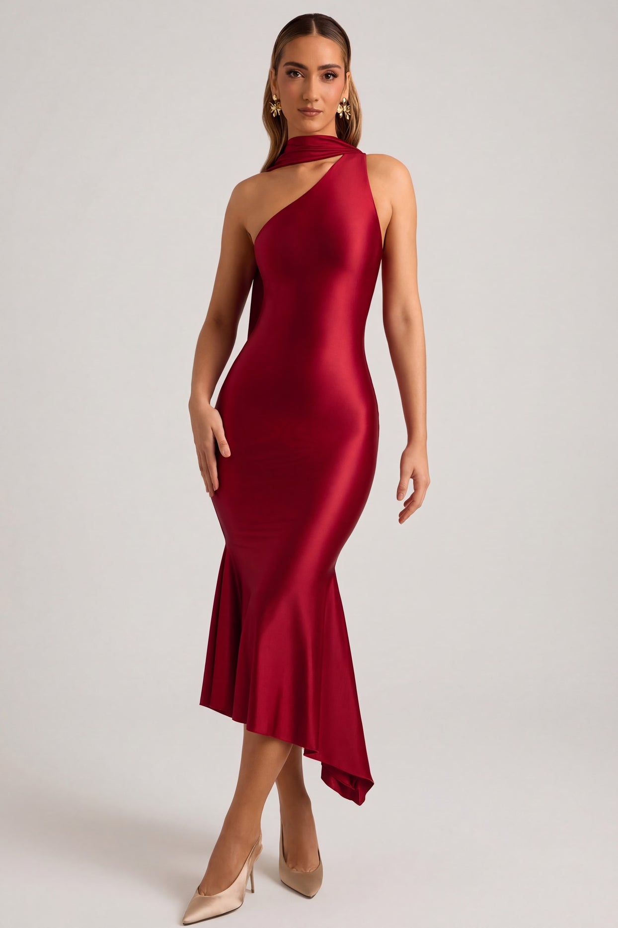 Asymmetric Scarf-Detail Midaxi Dress in True Red - 6