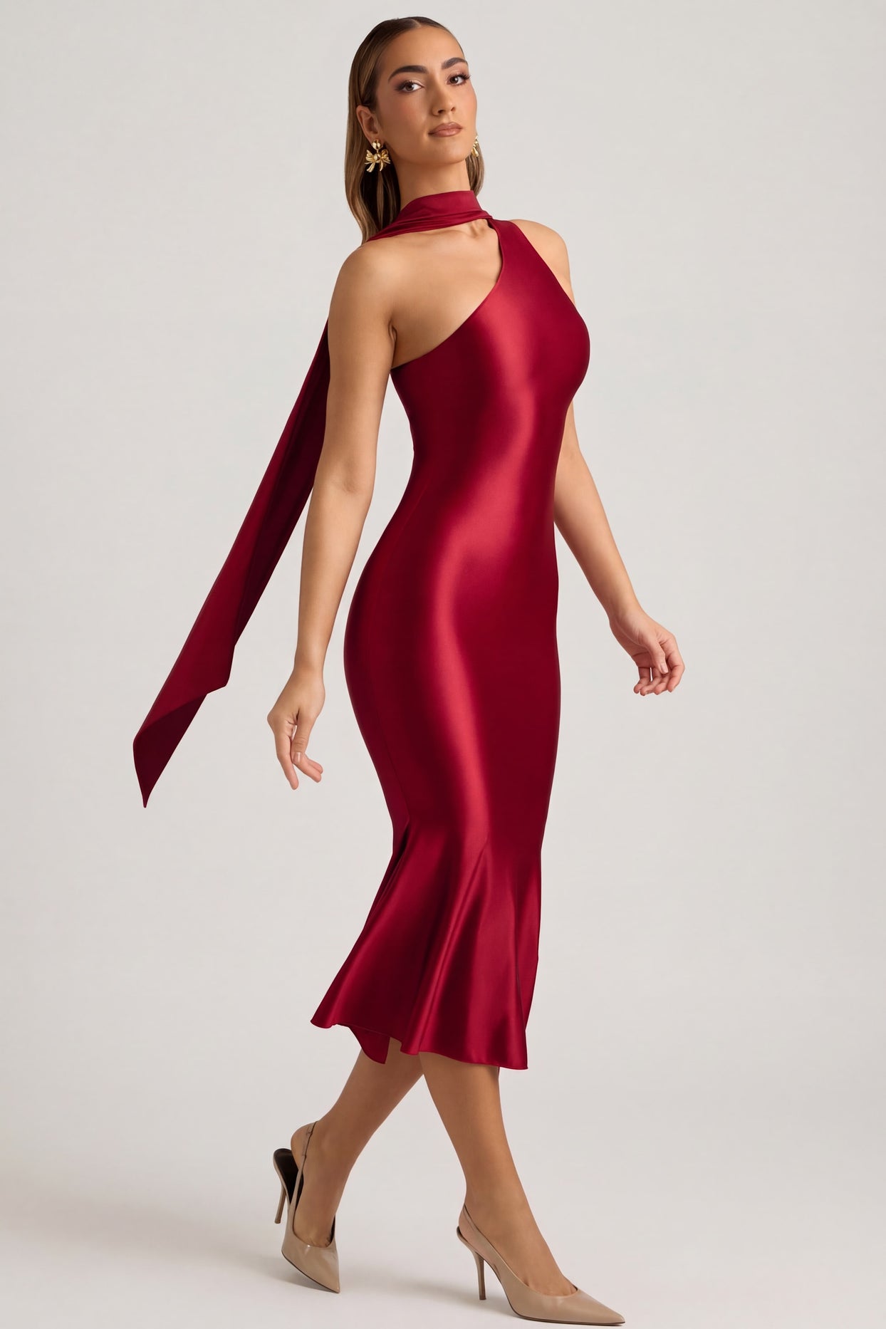 Asymmetric Scarf-Detail Midaxi Dress in True Red - 7