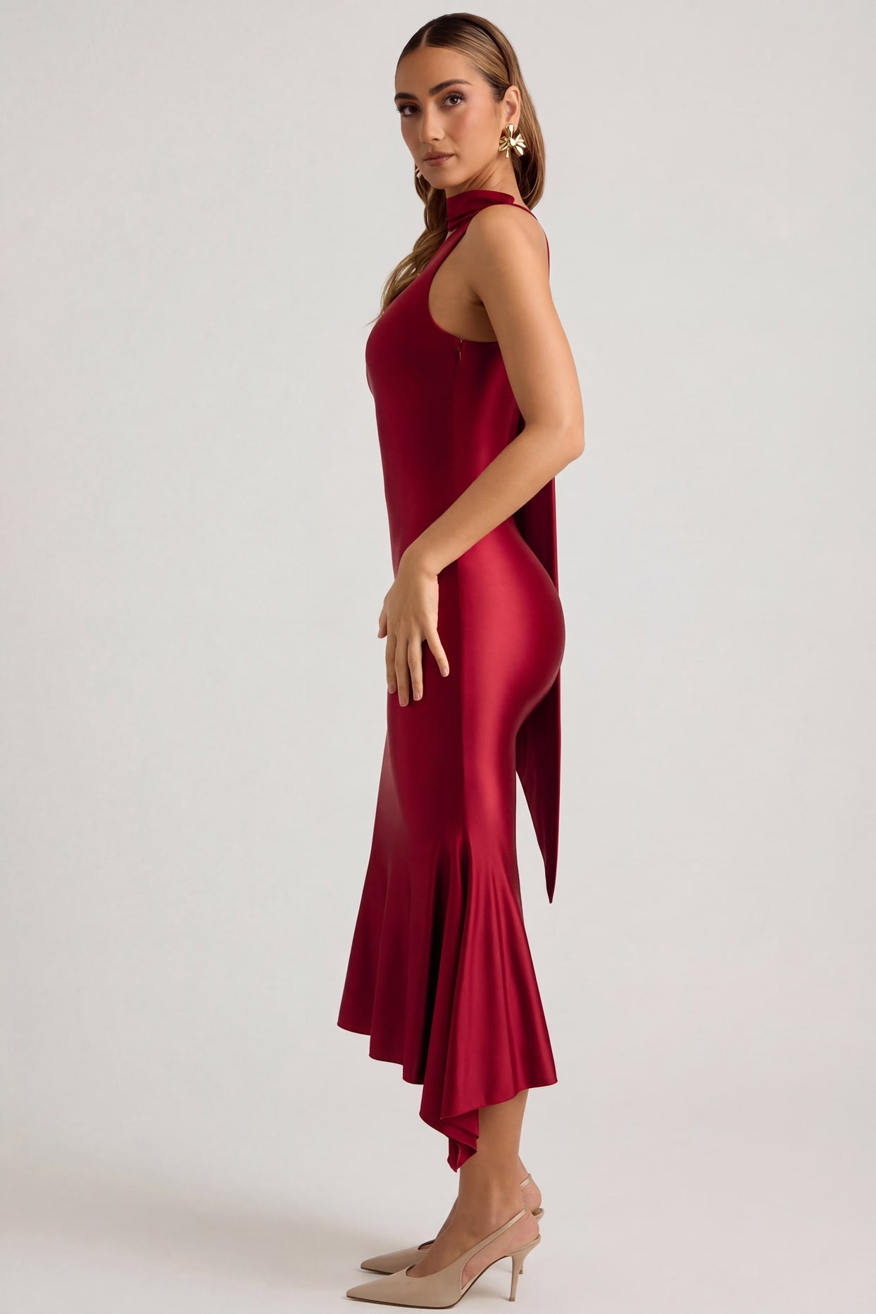 Asymmetric Scarf-Detail Midaxi Dress in True Red - 8