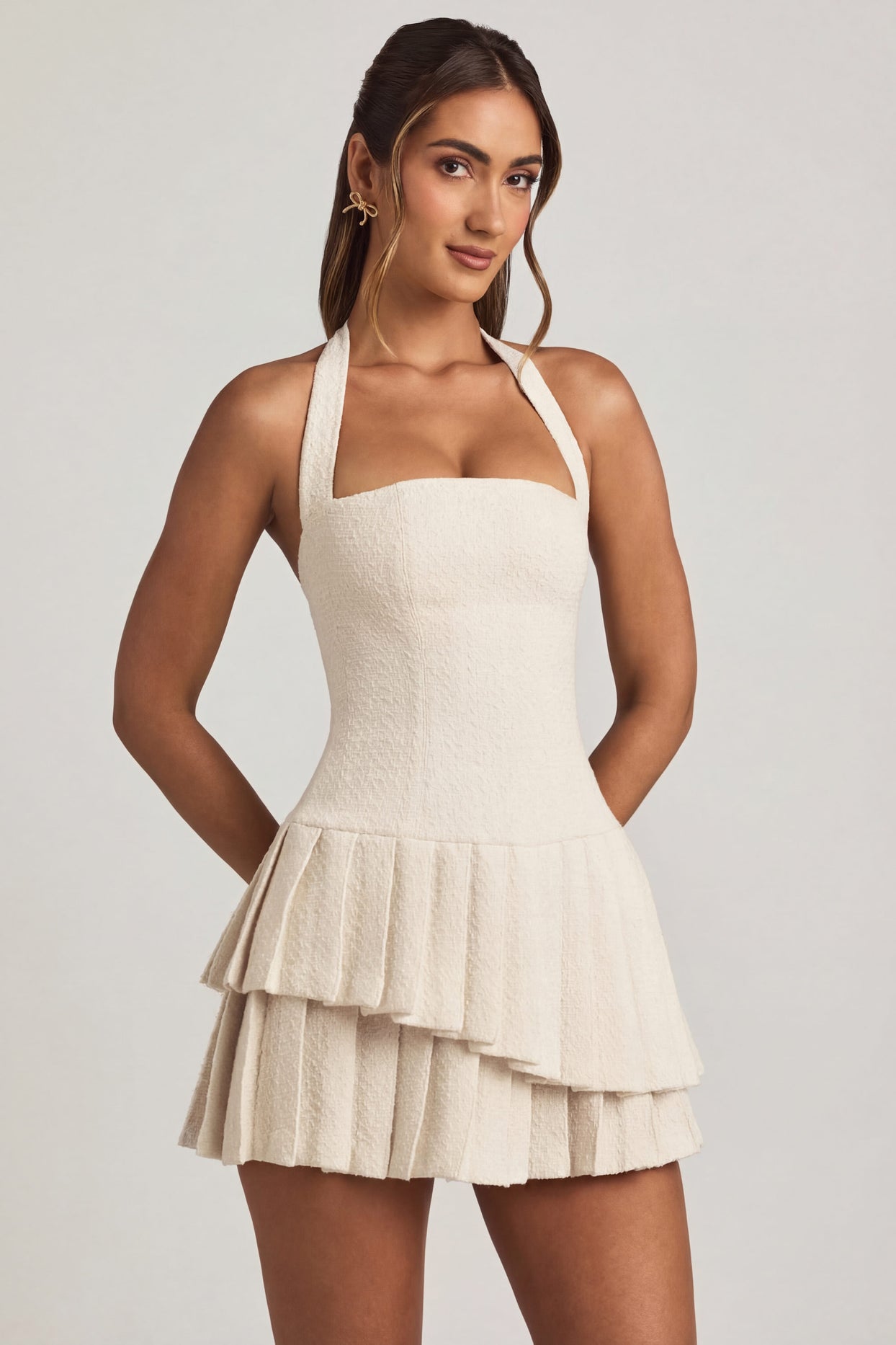 Asymmetric Layered Halterneck Mini Dress in Ivory - 5