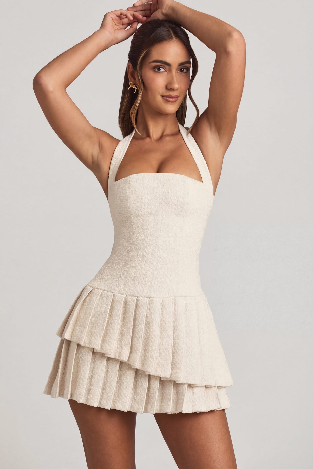Asymmetric Layered Halterneck Mini Dress in Ivory - 6