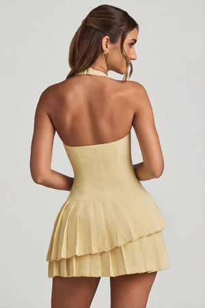 Oh Polly's Freya Tidy wearing the Rosaria Mini Dress in Pastel Yellow Tweed fabric perfect for spring garden parties