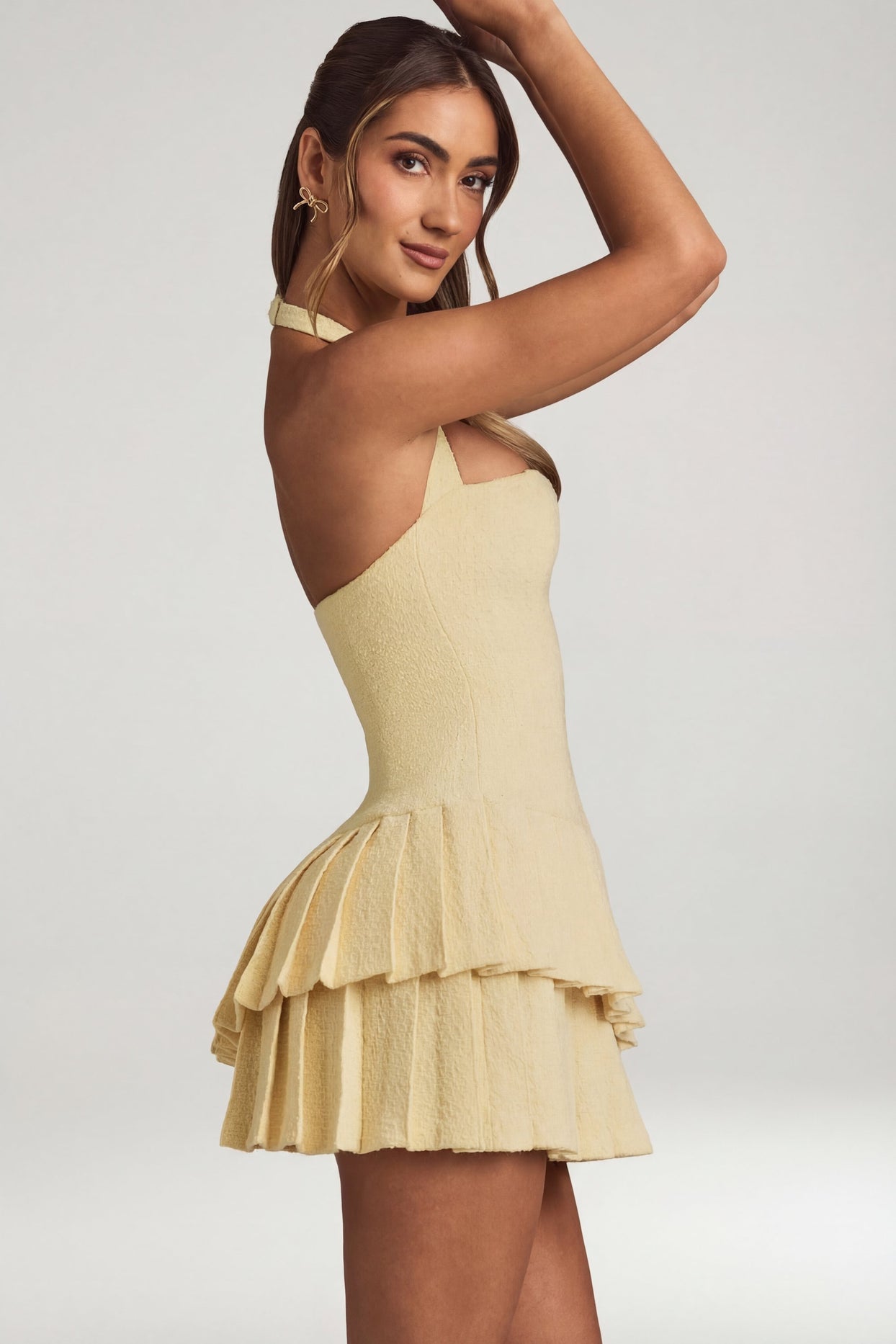 Asymmetric Layered Halterneck Mini Dress in Pastel Yellow - 3