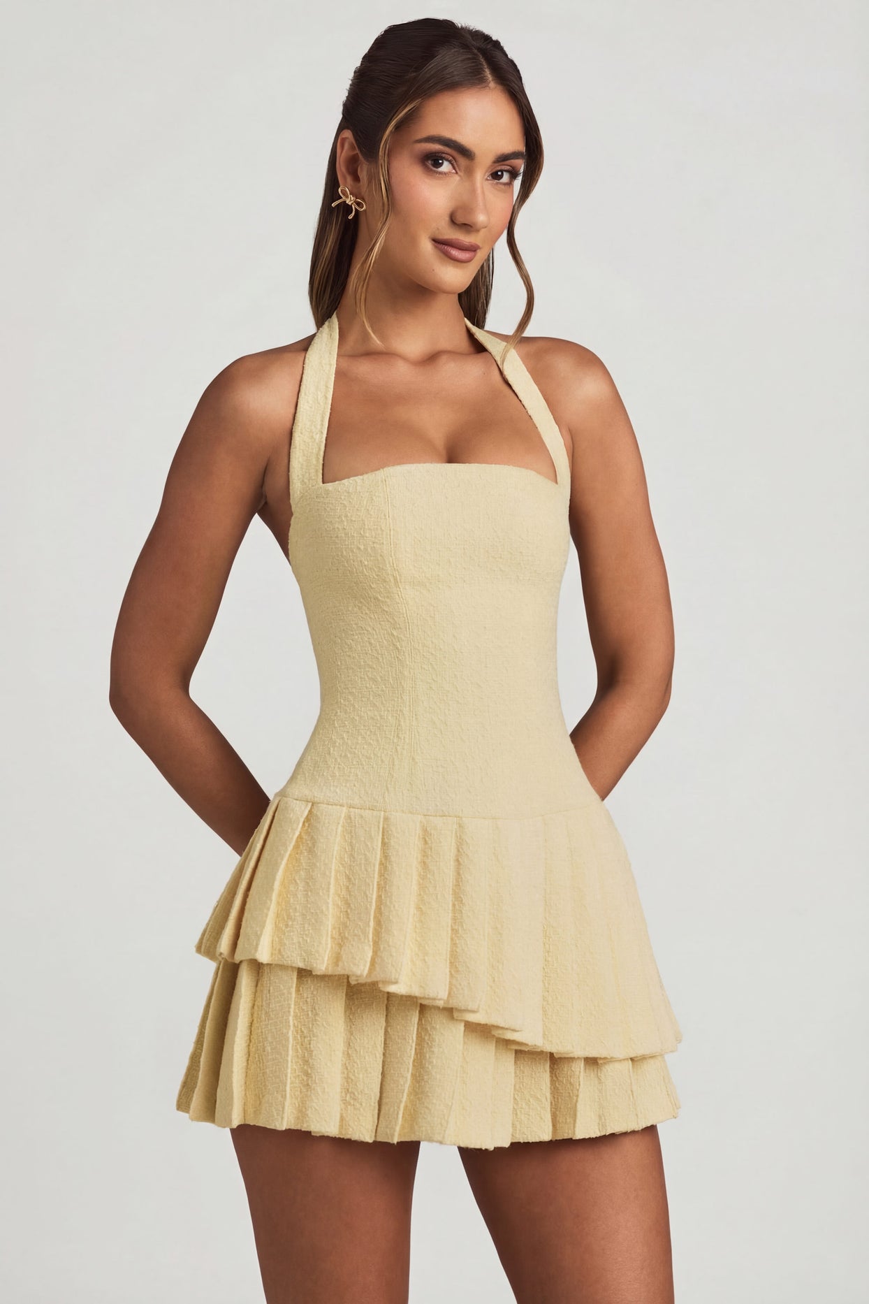 Asymmetric Layered Halterneck Mini Dress in Pastel Yellow - 5