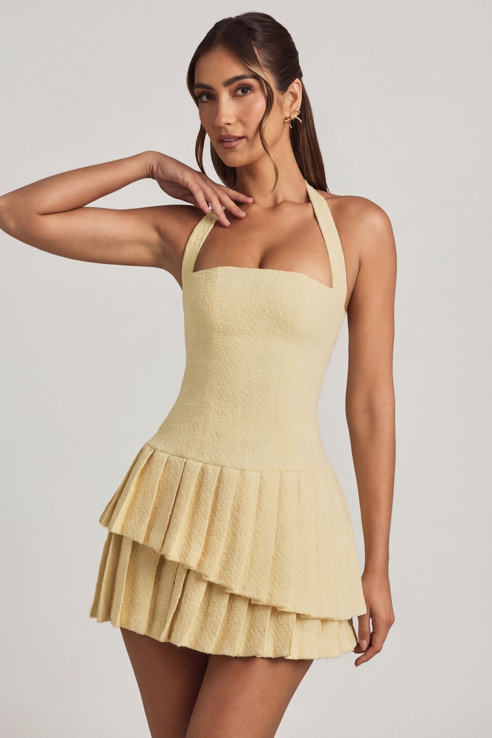 Asymmetric Layered Halterneck Mini Dress in Pastel Yellow - 1