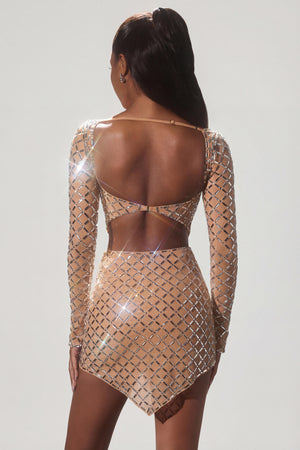 Oh Polly's Sevah wearing the Veah Mini Skirt in Almond Square Hotfix fabric perfect for a night out