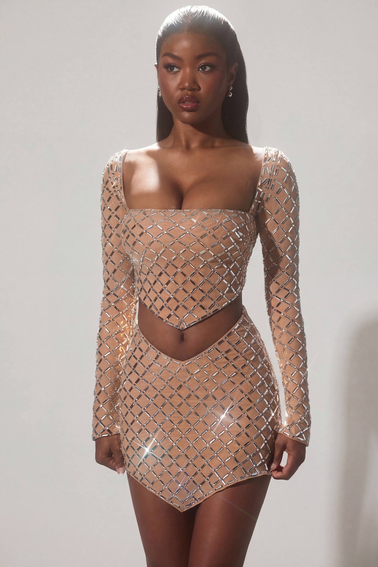 Embellished Asymmetric Mid-Rise Mini Skirt in Almond - 6