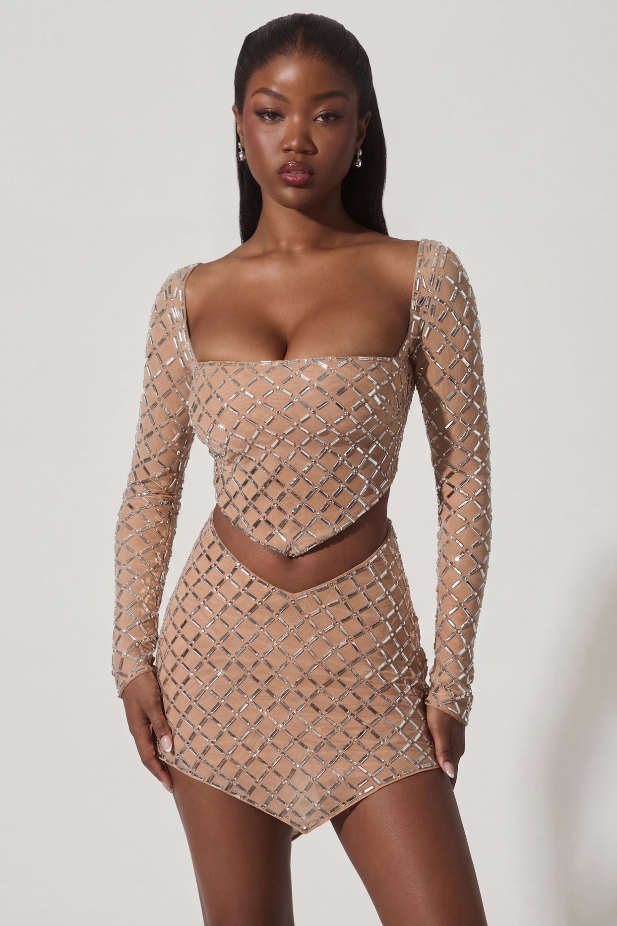 Embellished Asymmetric Mid-Rise Mini Skirt in Almond - 7