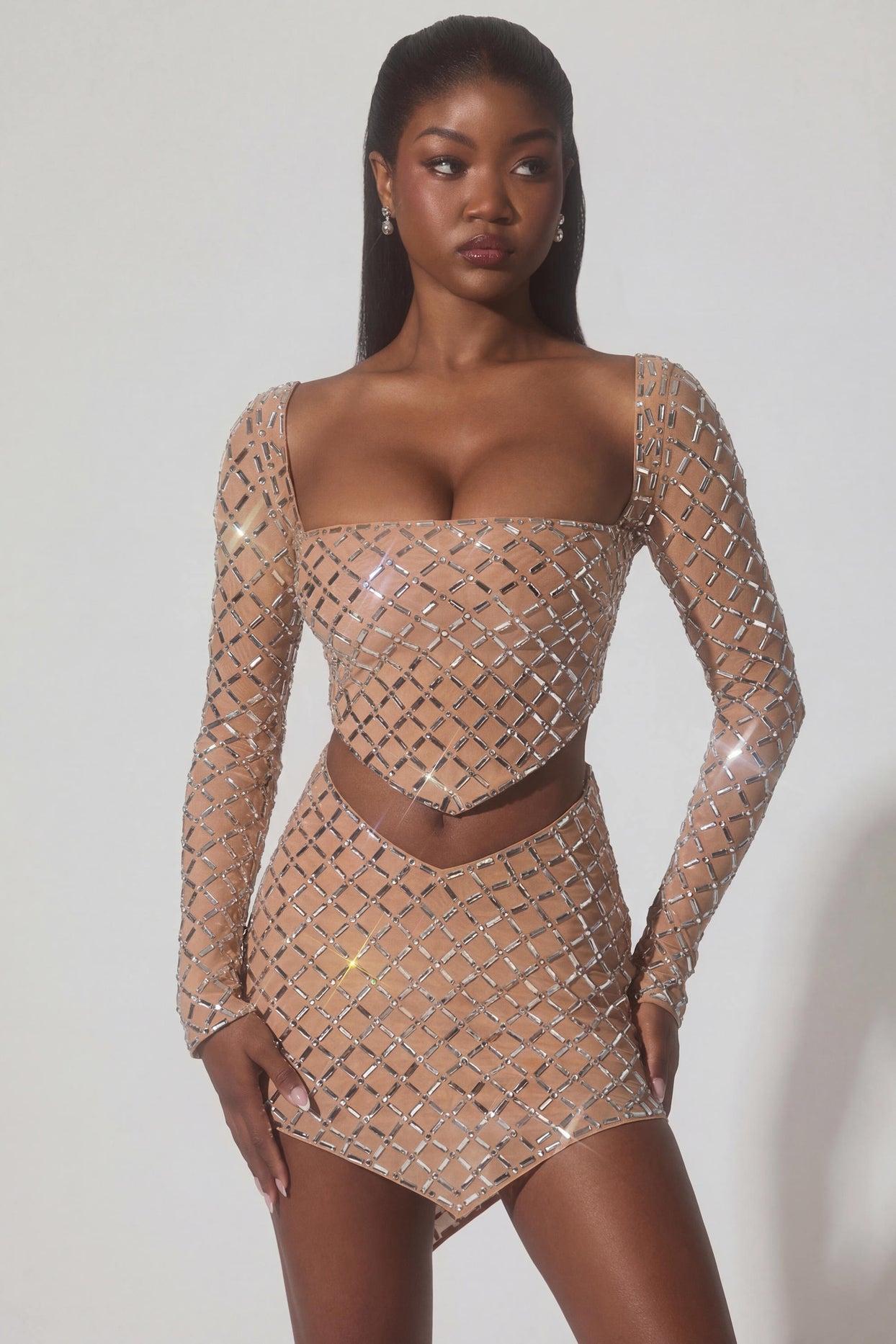 Embellished Asymmetric Mid-Rise Mini Skirt in Almond - 8