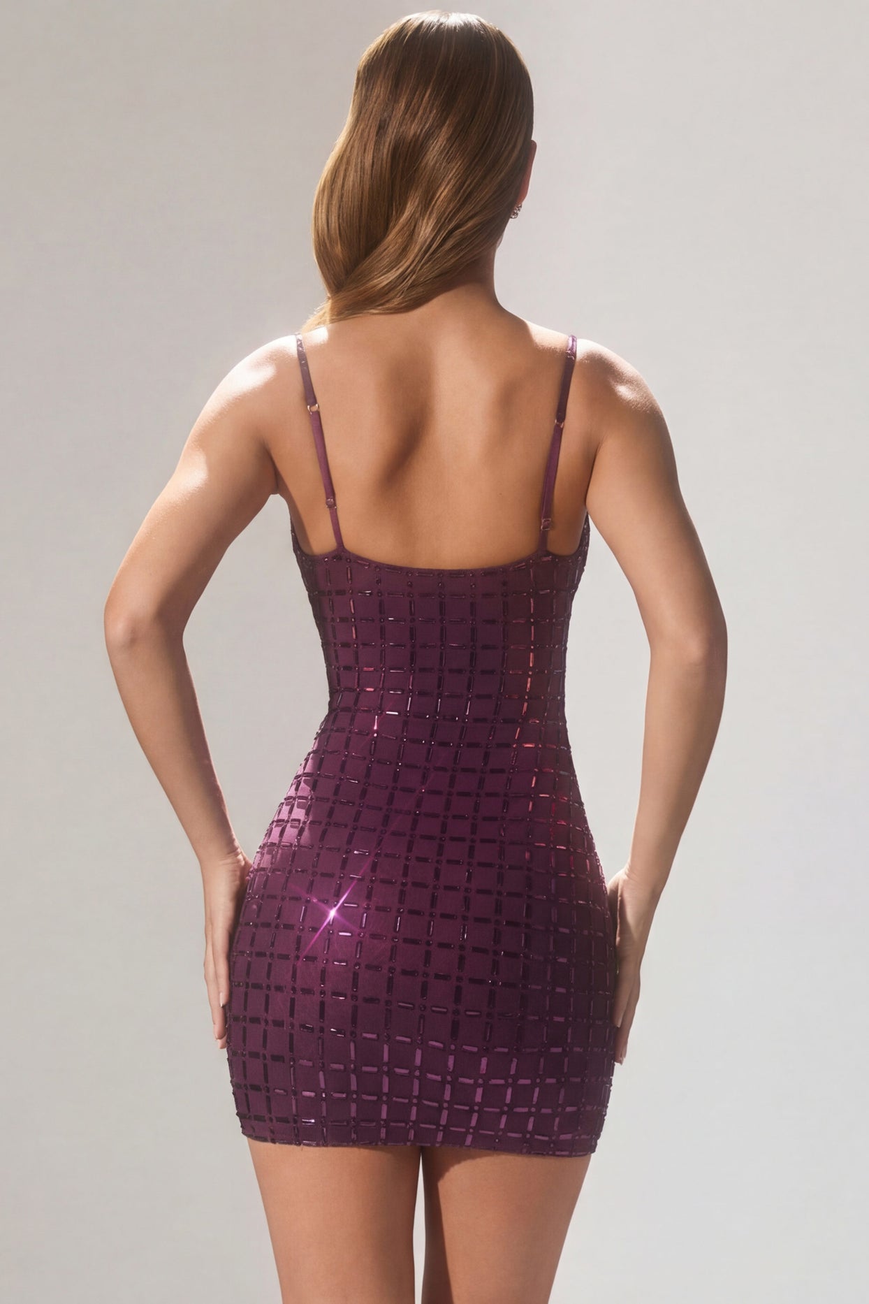 Embellished Plunge Semi-Sheer Mini Dress in Deep Purple - 3