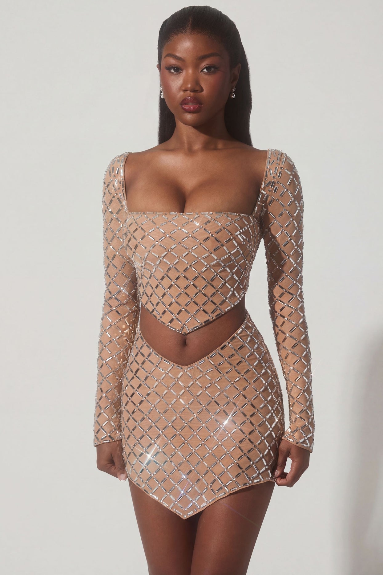 Embellished Asymmetric Crop Top in Almond - 7
