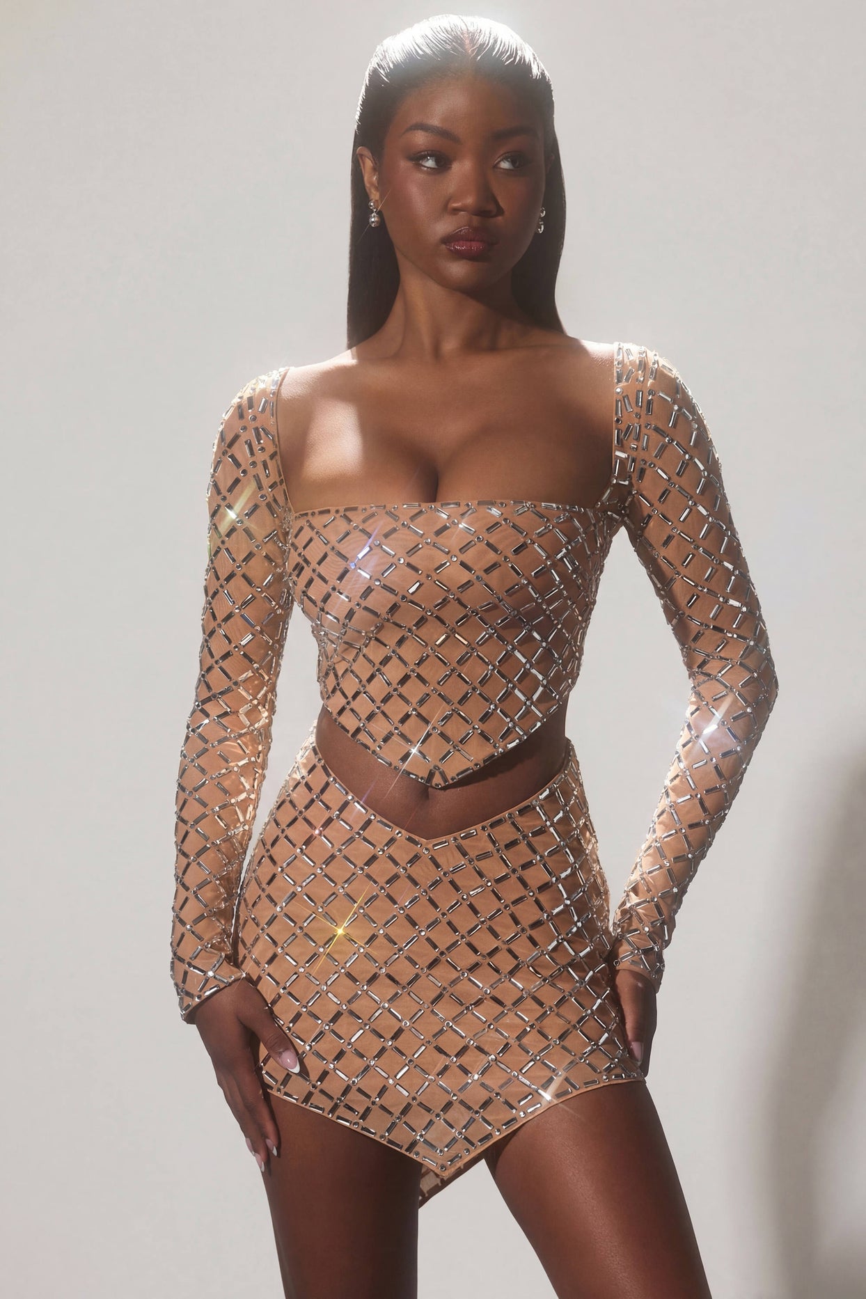 Embellished Asymmetric Crop Top in Almond - 8
