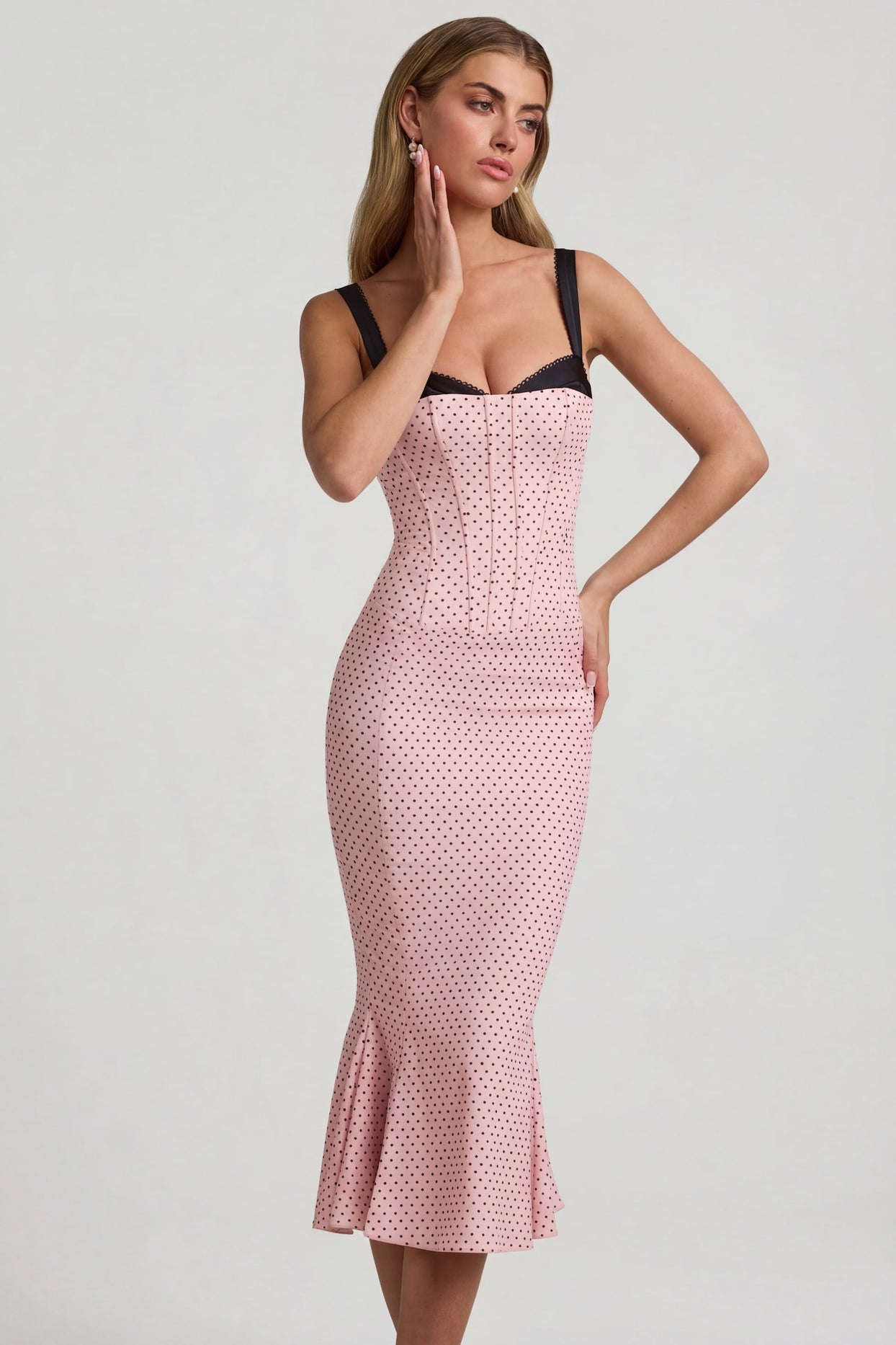 Layered Bra-Detail Fishtail Midaxi Dress in Pink Polka Dot - 5