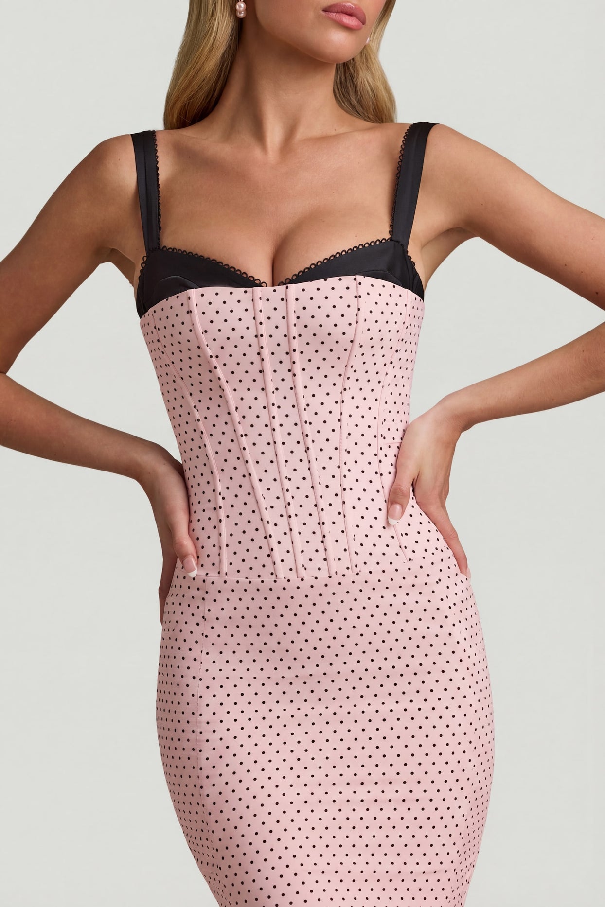 Layered Bra-Detail Fishtail Midaxi Dress in Pink Polka Dot - 4