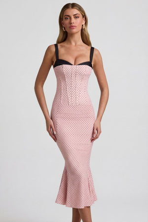 Oh Polly's Freya Tidy wearing the Valentina Midaxi Dress in Polka Dot Stretch Georgette fabric perfect for springtime celebrations