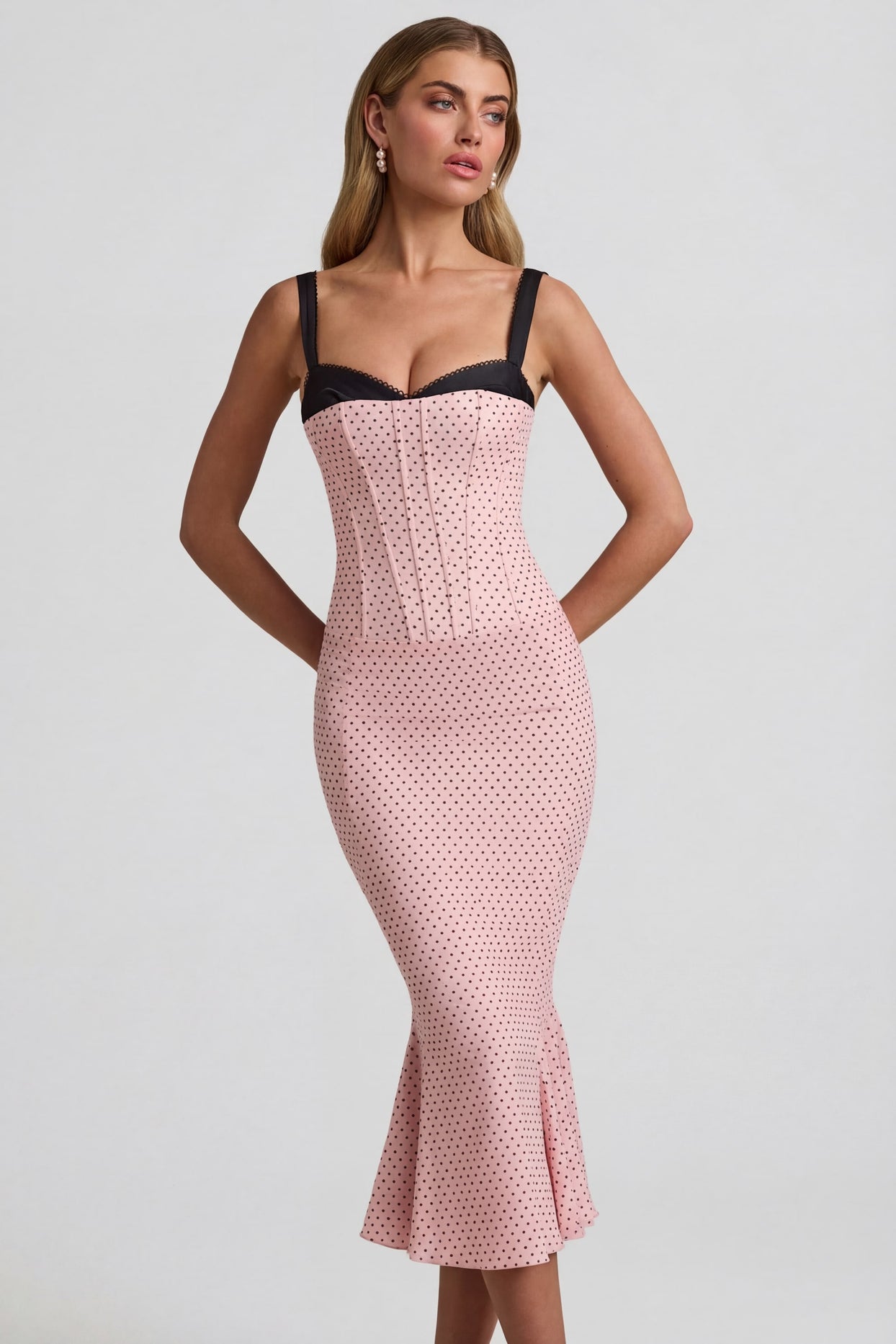 Layered Bra-Detail Fishtail Midaxi Dress in Pink Polka Dot - 6