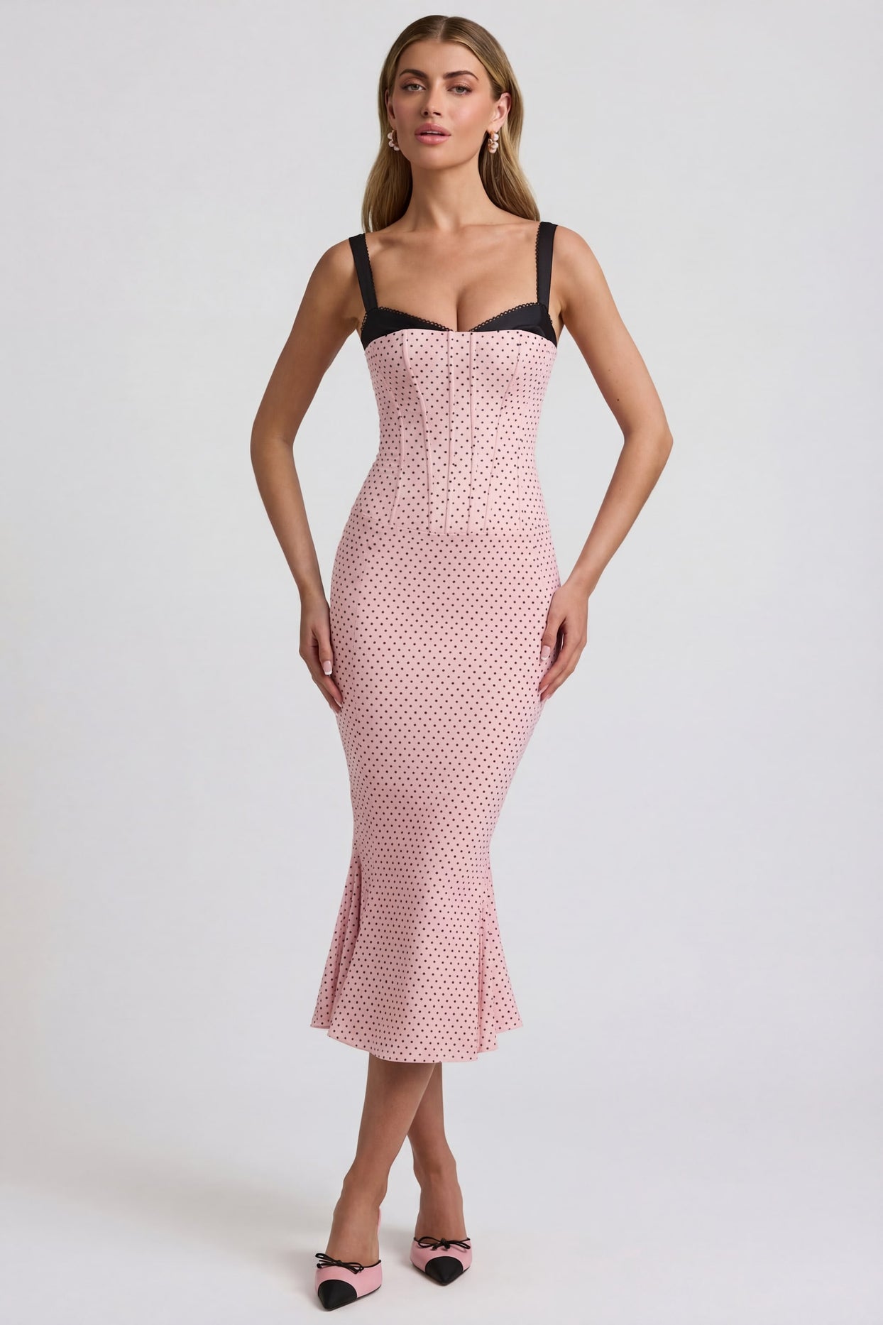 Layered Bra-Detail Fishtail Midaxi Dress in Pink Polka Dot - 7