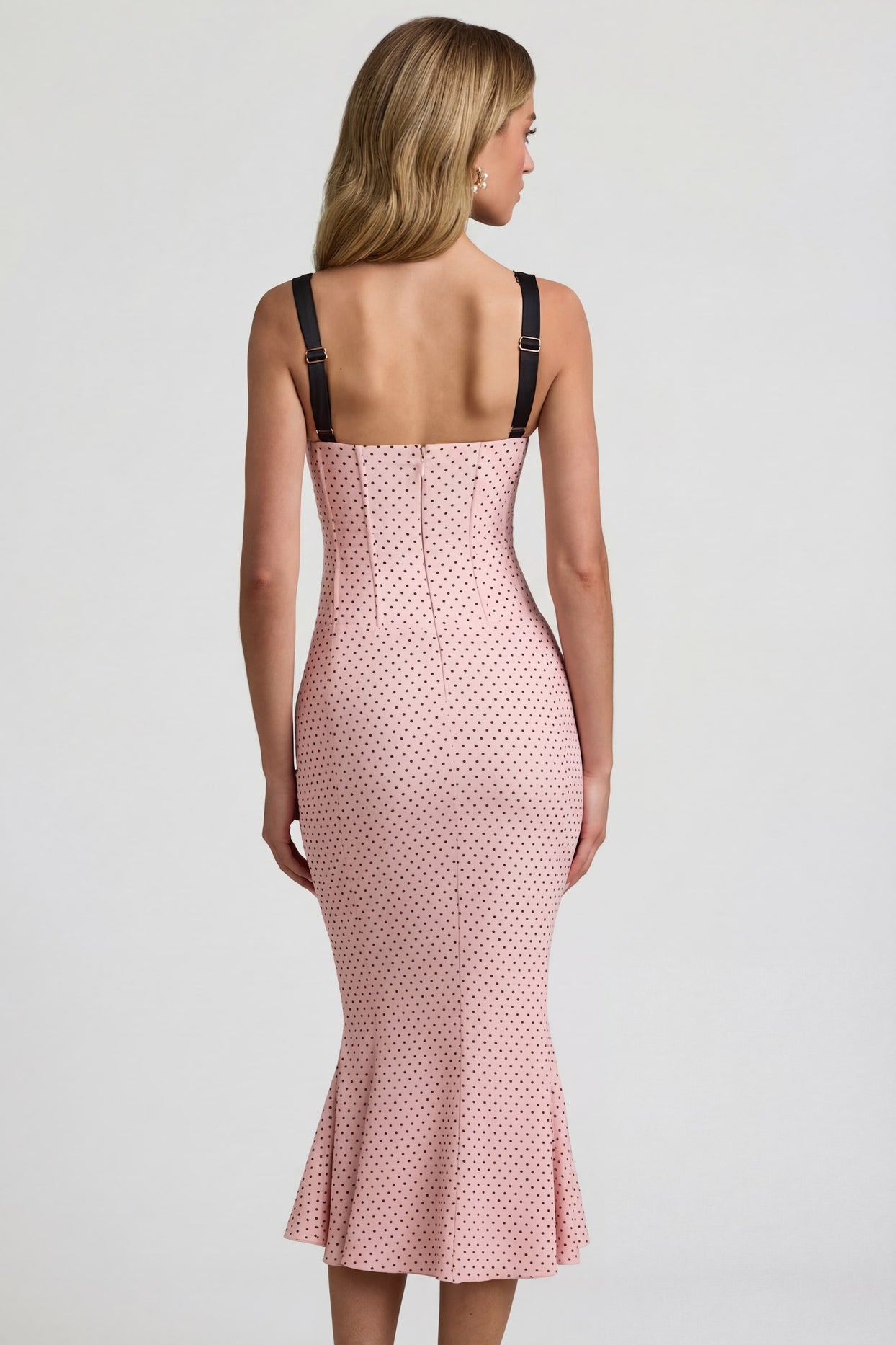 Layered Bra-Detail Fishtail Midaxi Dress in Pink Polka Dot - 2