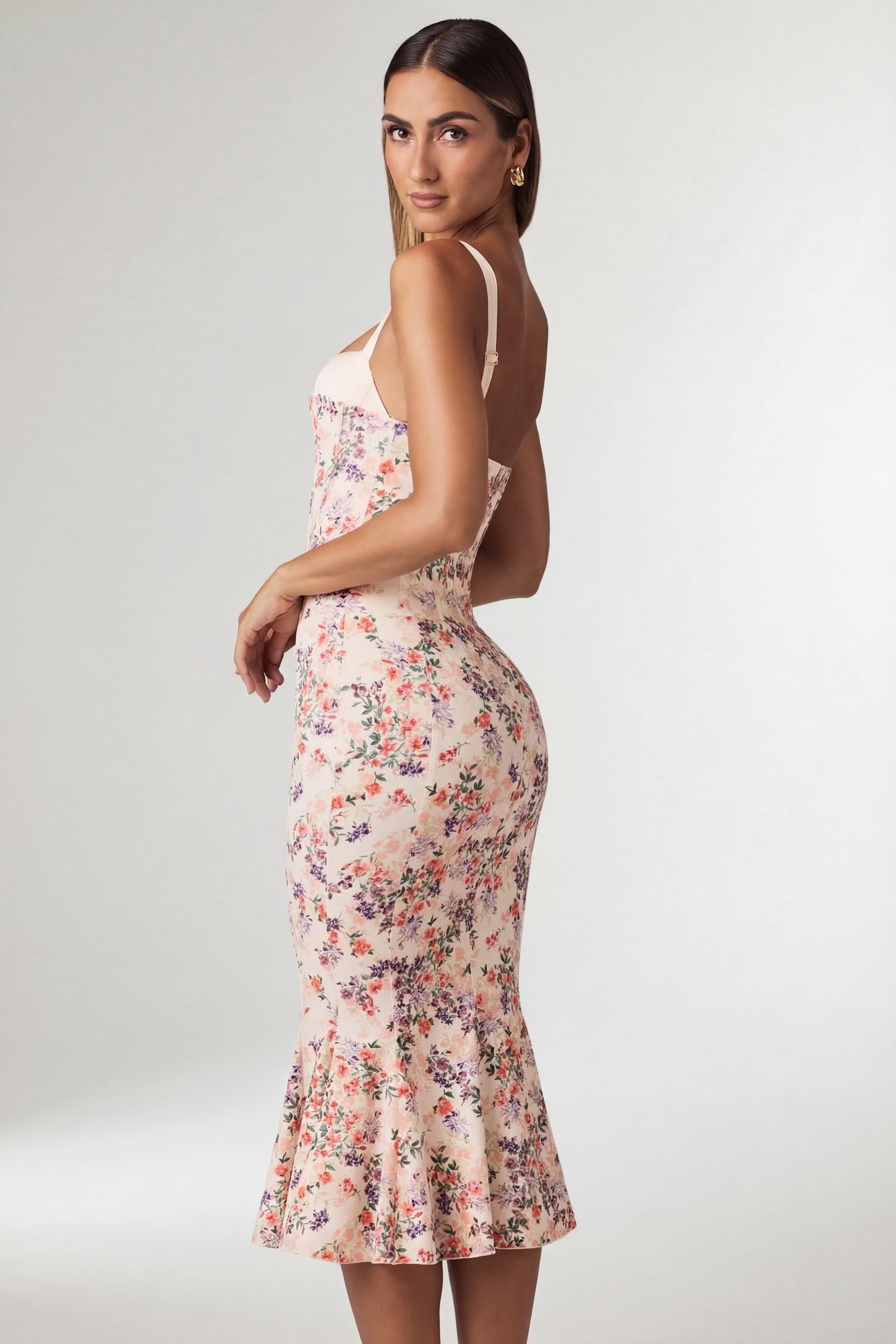 Layered Bra-Detail Fishtail Midaxi Dress in Primrose Floral Print - 2
