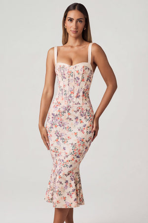 Oh Polly's Anna wearing the Valentina Midaxi Dress in Primose Floral Print Stretch Georgette fabric perfect for birthday celebrations