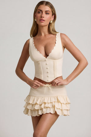Oh Polly's Freya Tidy wearing the Lucia Corset Top in Ivory Stretch Woven fabric perfect for romantic evening walks