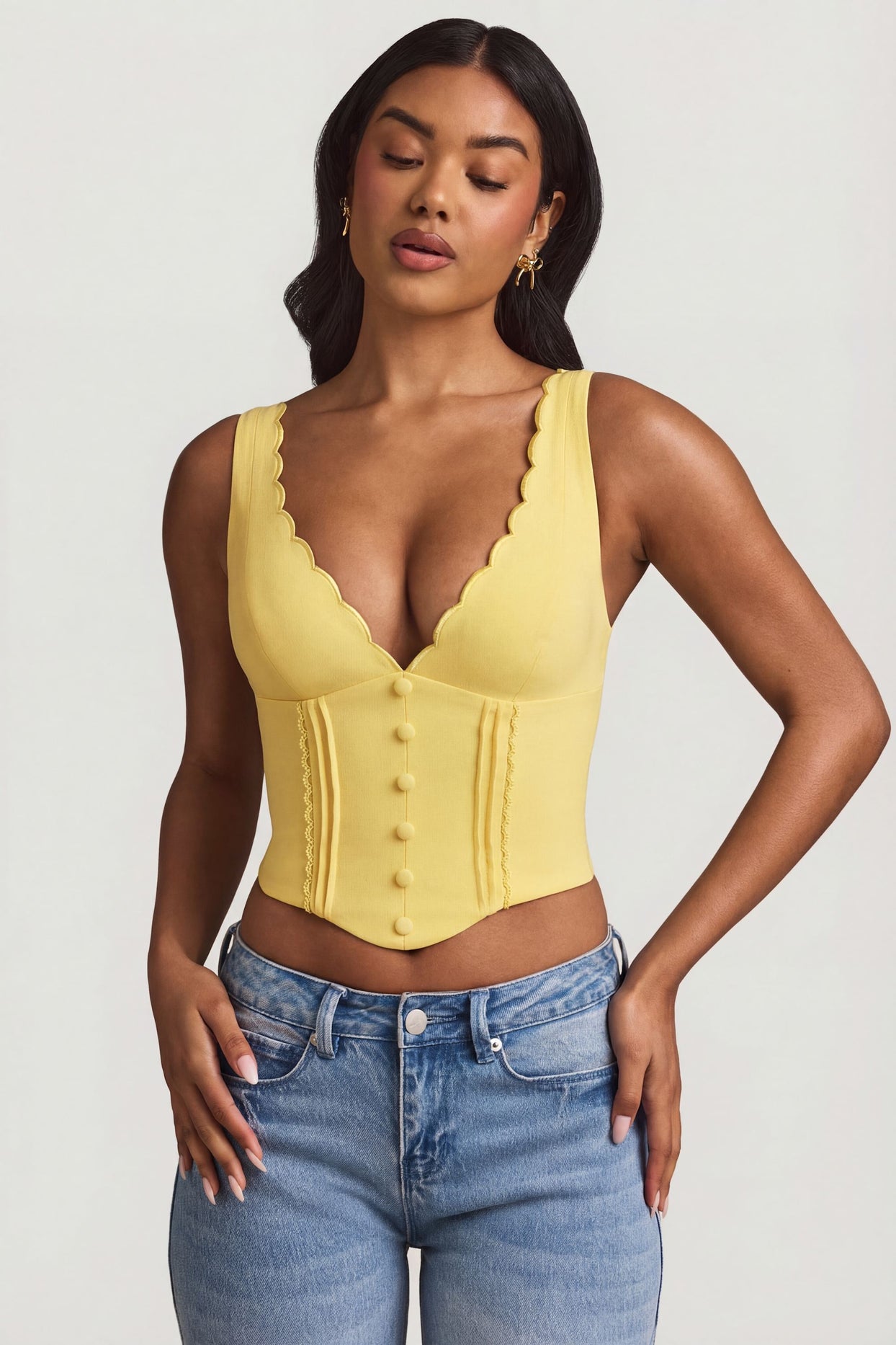 Plunge-Neck Scalloped Corset Top in Pastel Yellow - 6