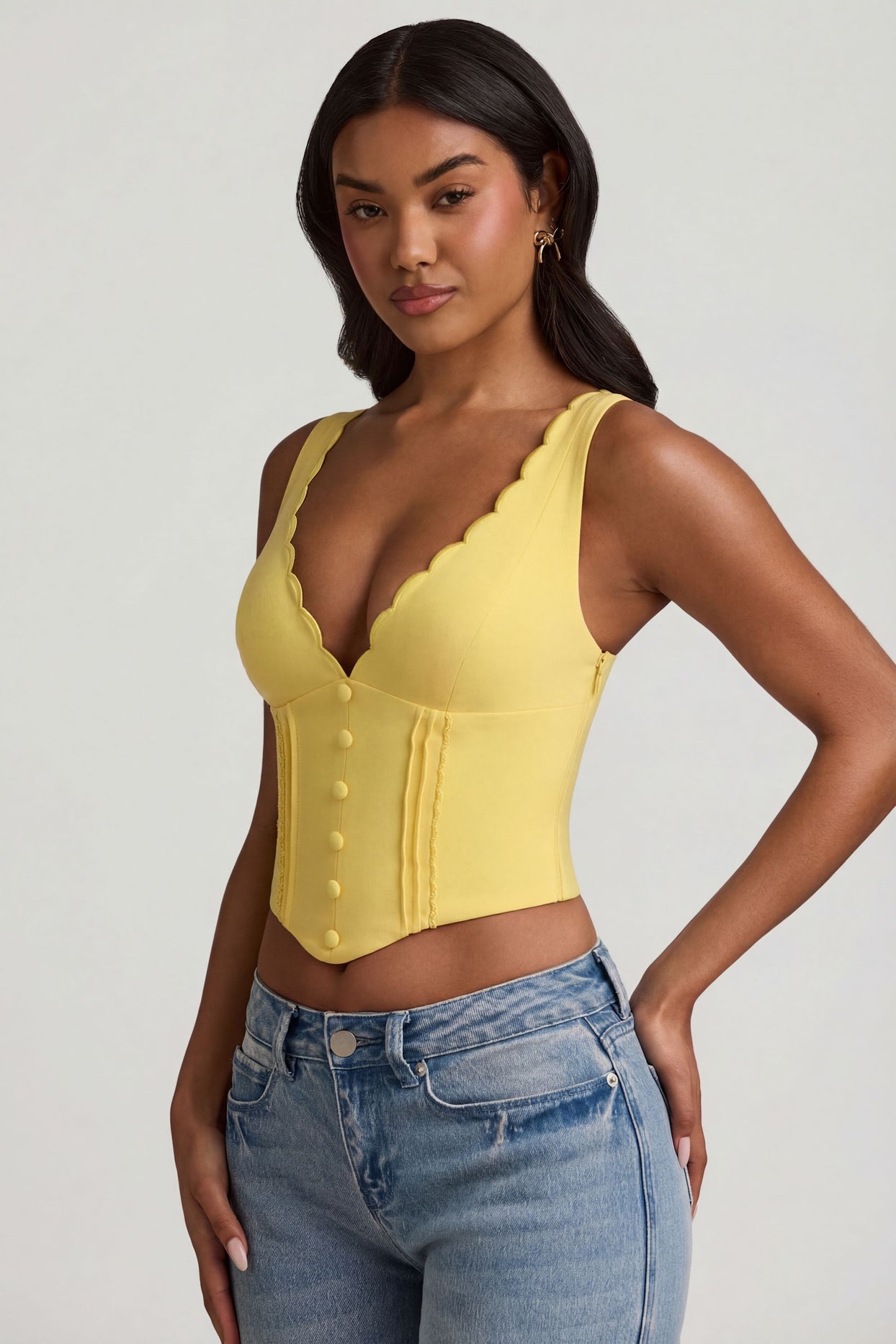 Plunge-Neck Scalloped Corset Top in Pastel Yellow - 10