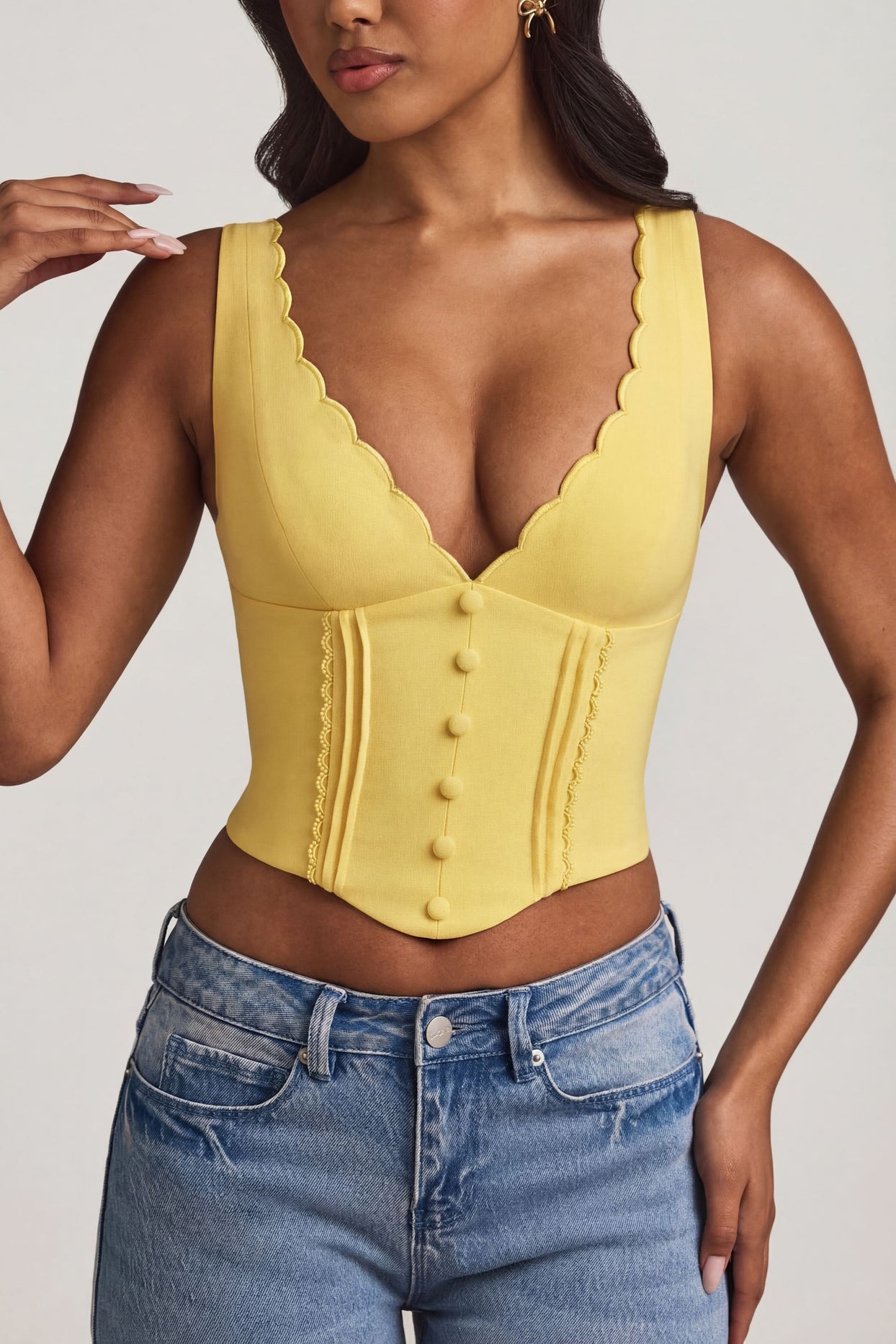 Plunge-Neck Scalloped Corset Top in Pastel Yellow - 4