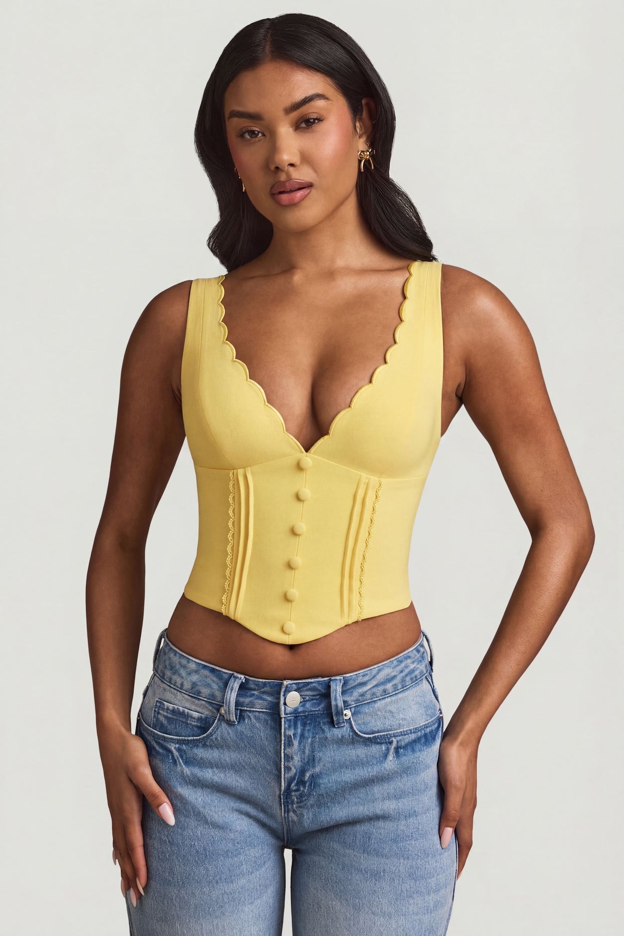 Plunge-Neck Scalloped Corset Top in Pastel Yellow - 5