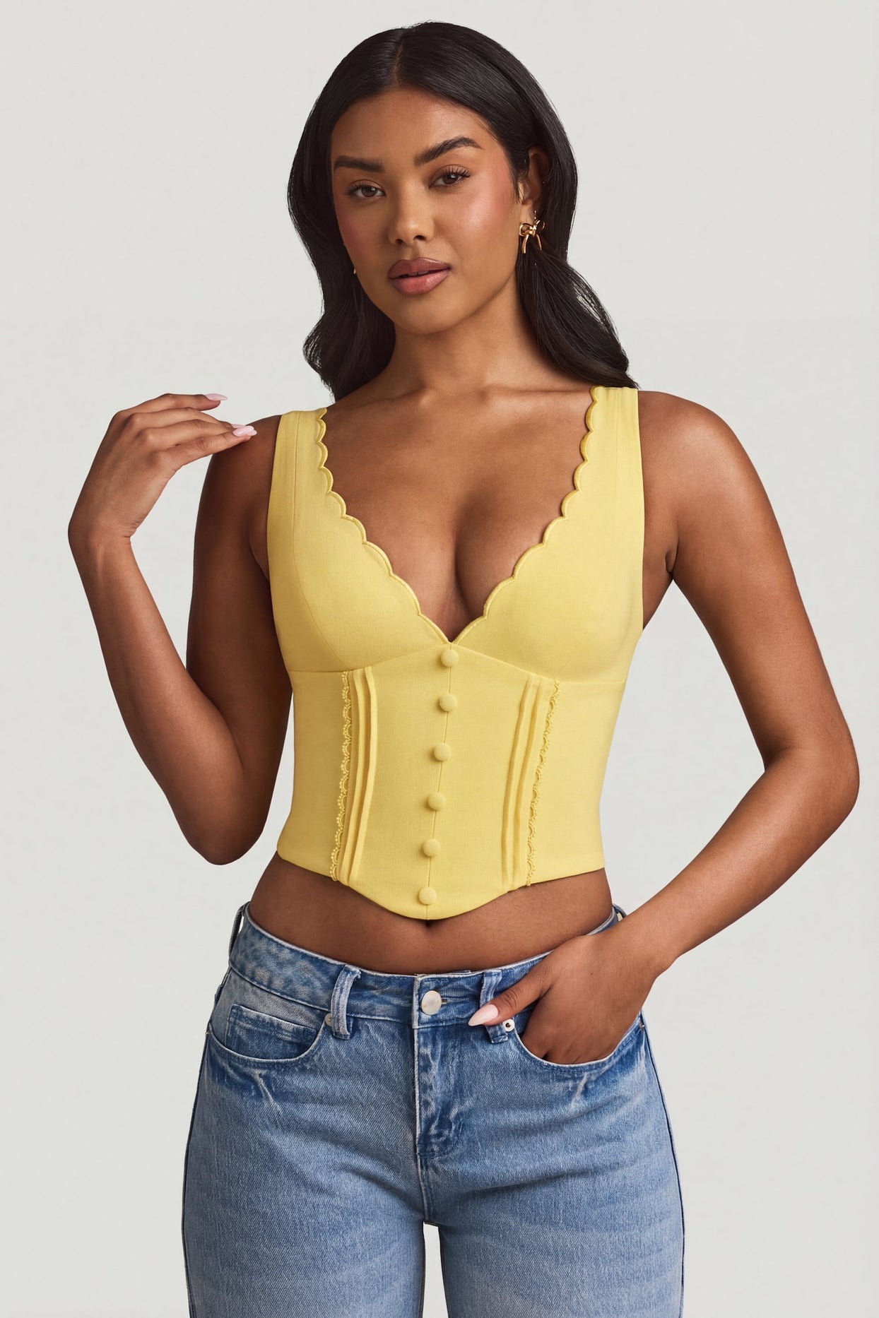 Plunge-Neck Scalloped Corset Top in Pastel Yellow - 8