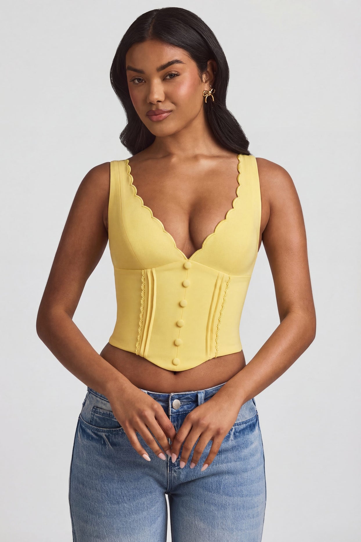 Plunge-Neck Scalloped Corset Top in Pastel Yellow - 9