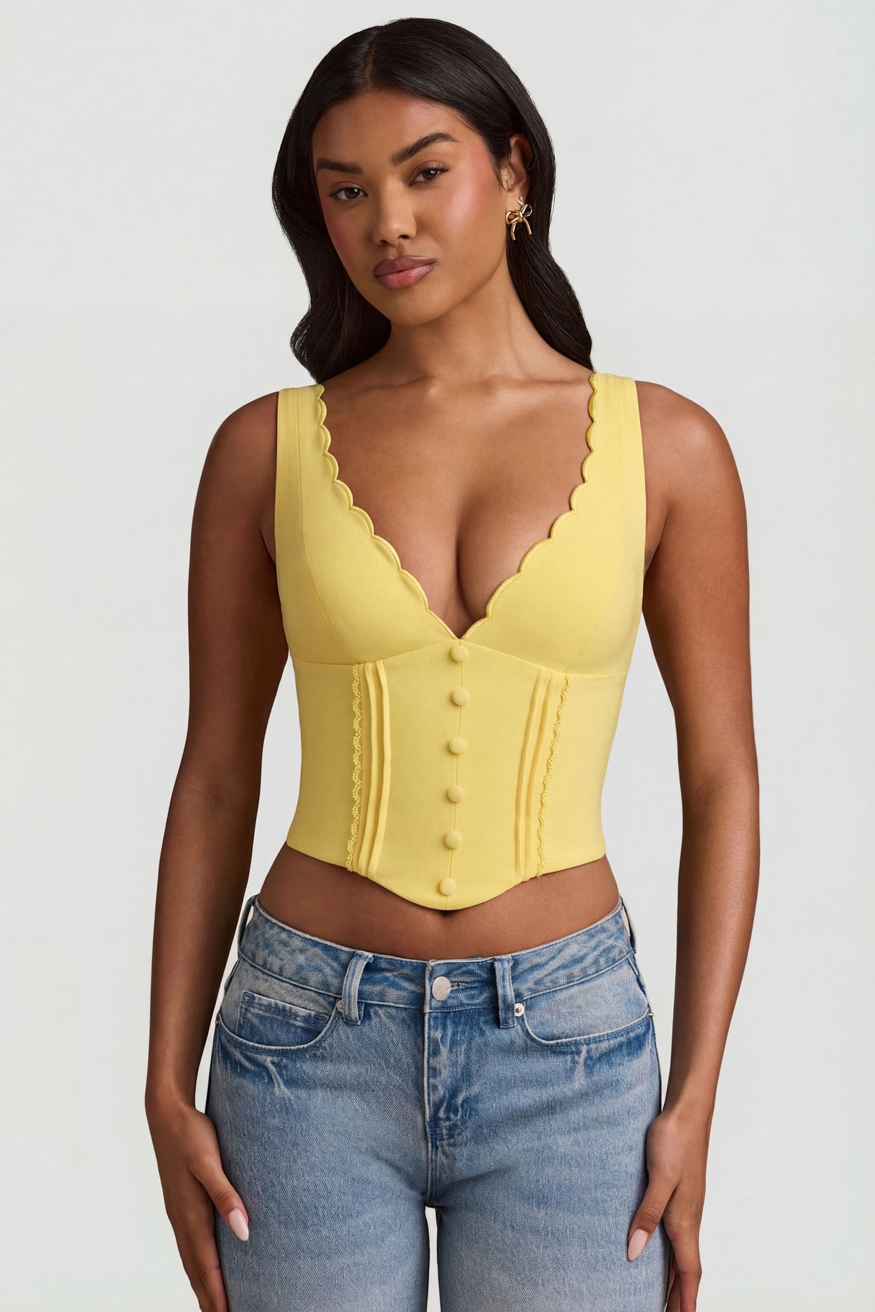 Plunge-Neck Scalloped Corset Top in Pastel Yellow - 1