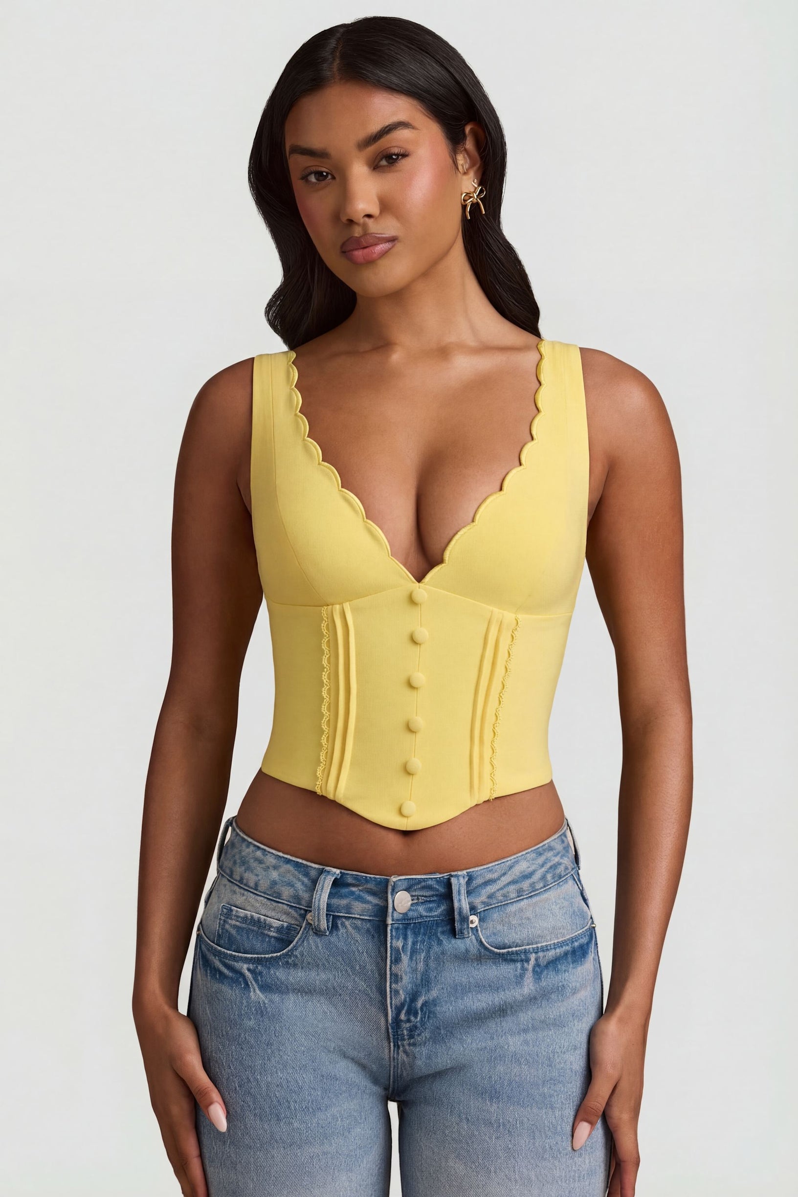 Plunge-Neck Scalloped Corset Top in Pastel Yellow - 1