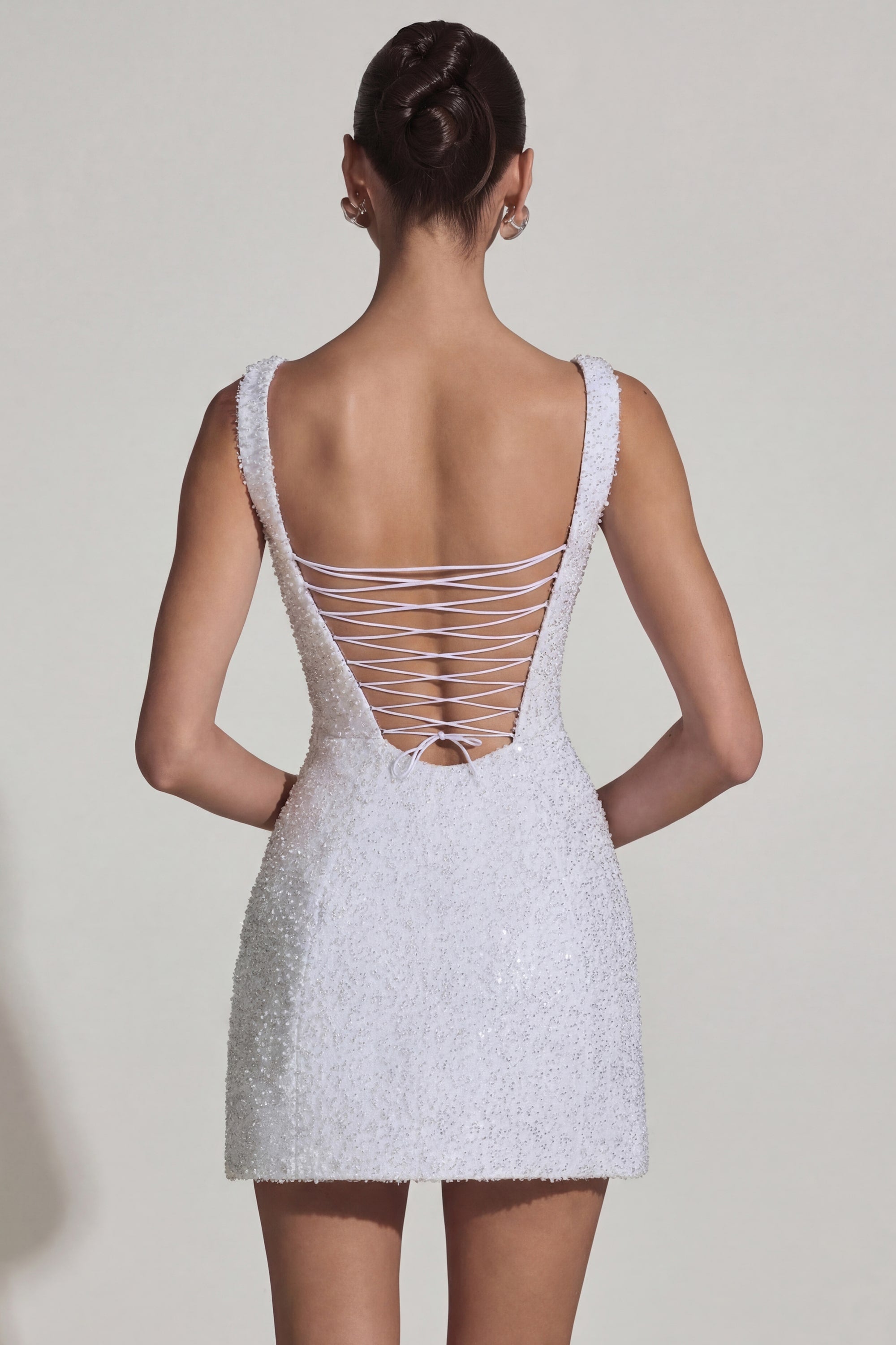 embellished structured a line mini dress in white Dominique Embellished Structured A-Line Mini Dress in White
