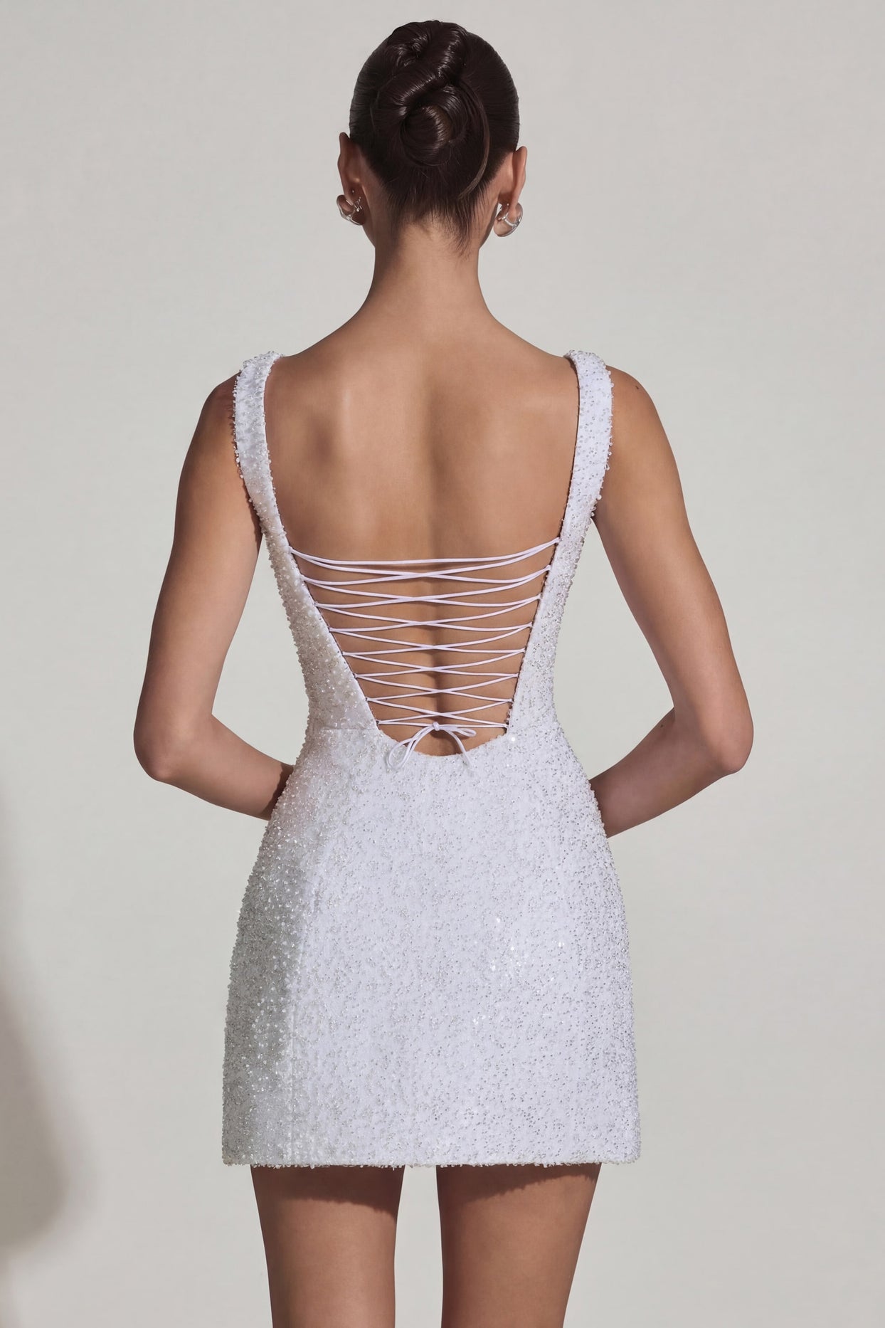 Embellished Structured A-Line Mini Dress in White - 7
