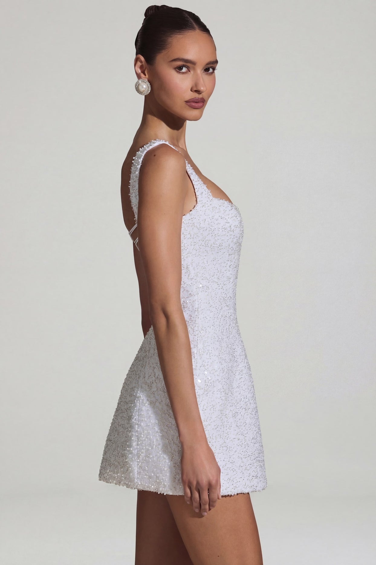 Embellished Structured A-Line Mini Dress in White - 3