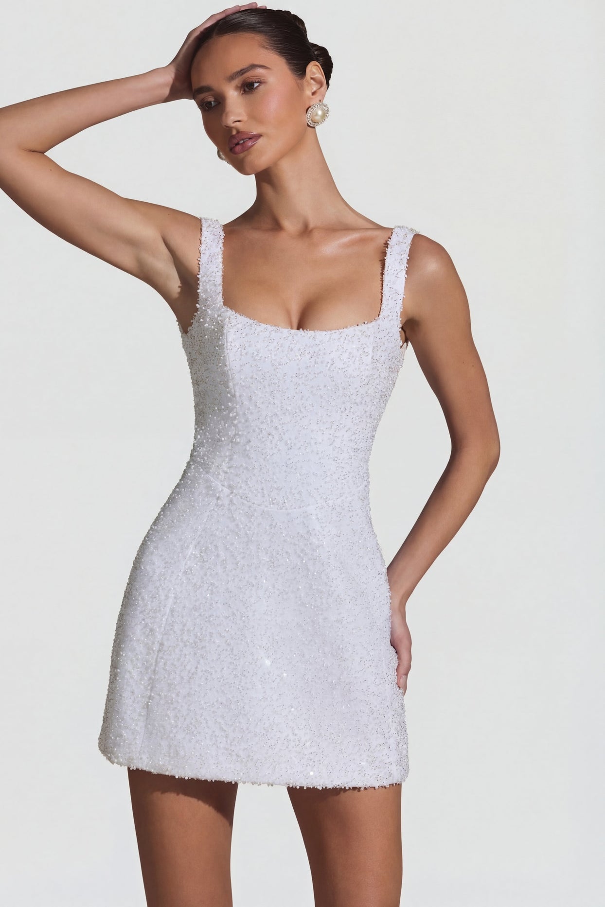 Embellished Structured A-Line Mini Dress in White - 6
