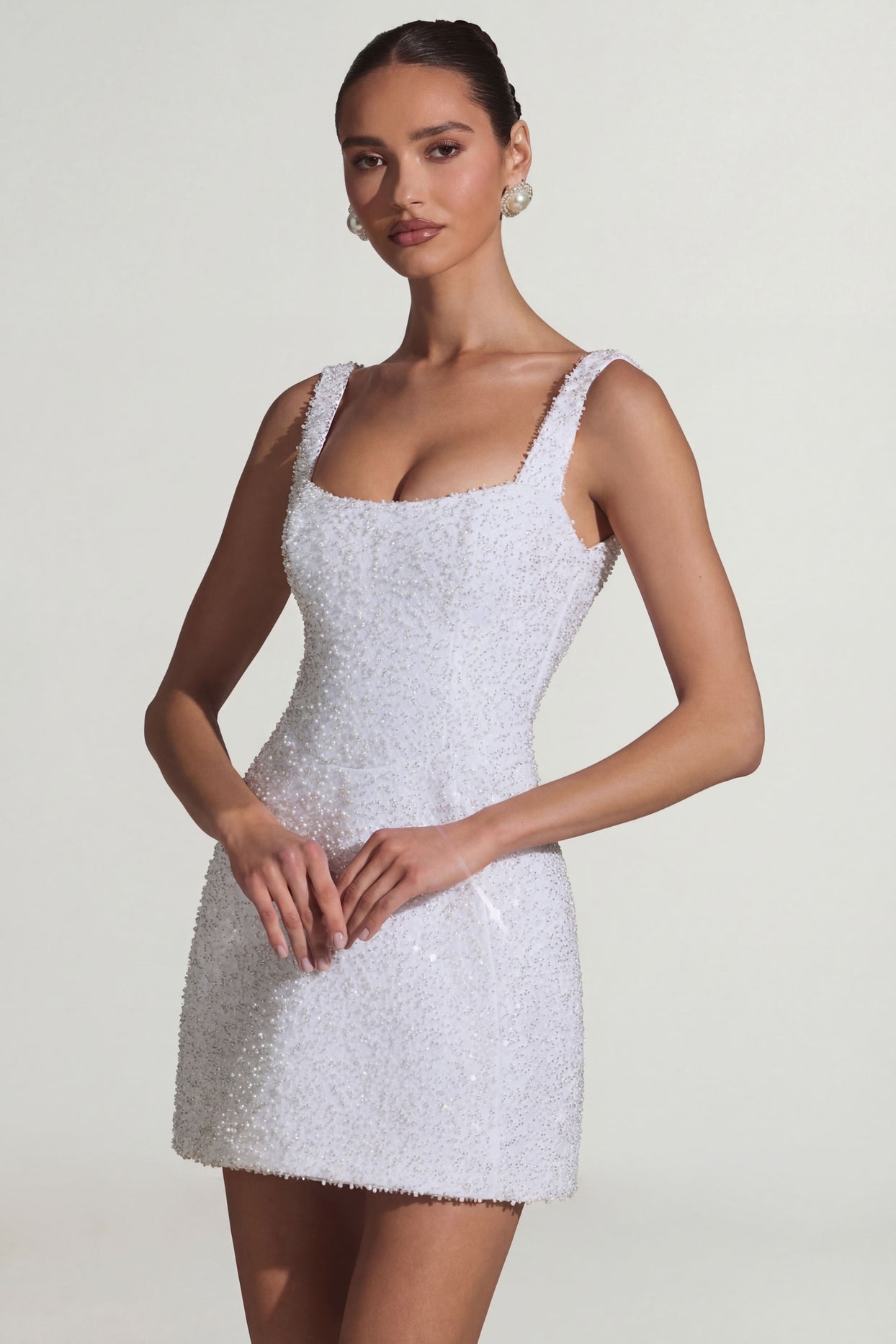 Embellished Structured A-Line Mini Dress in White - 8