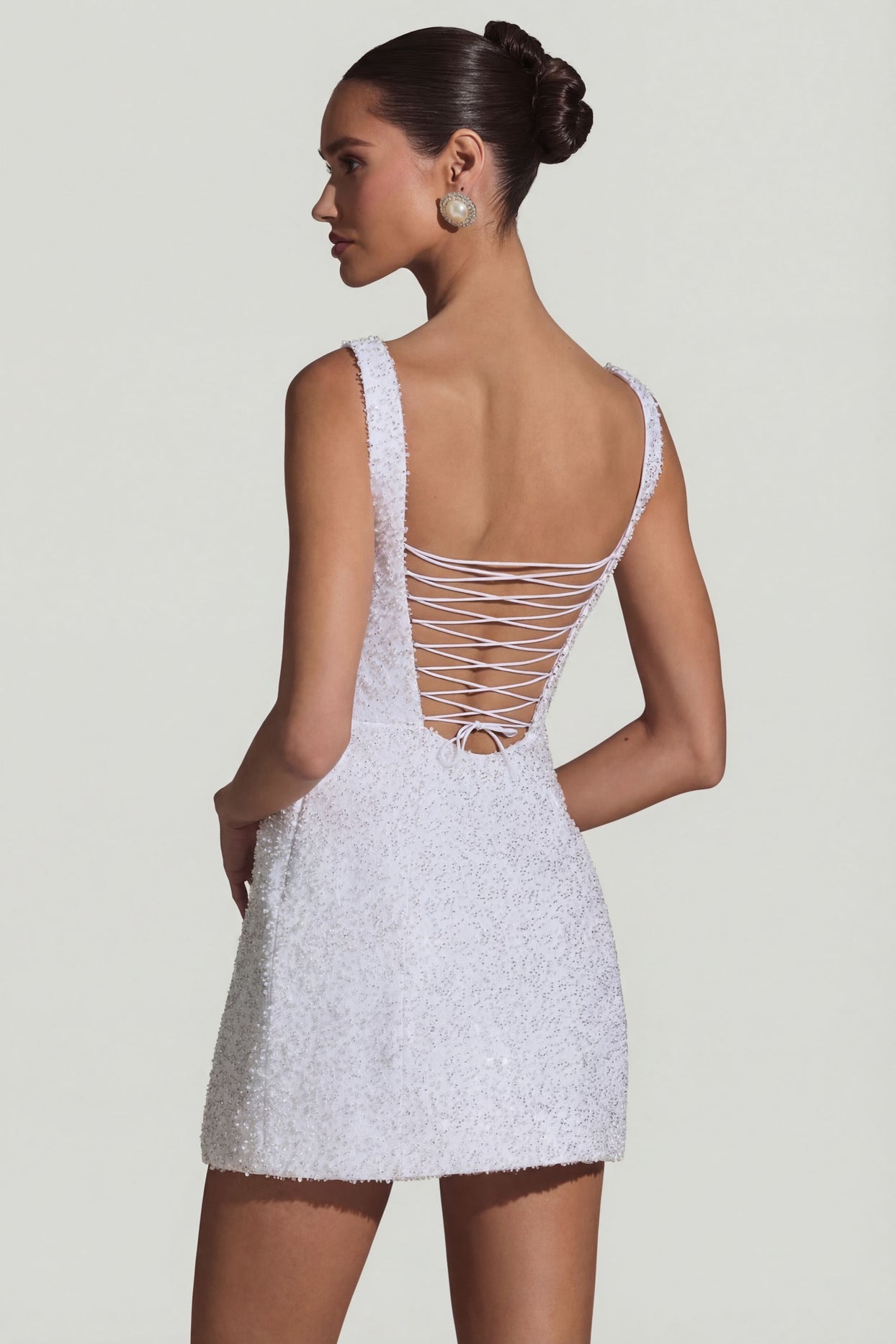 Embellished Structured A-Line Mini Dress in White - 2