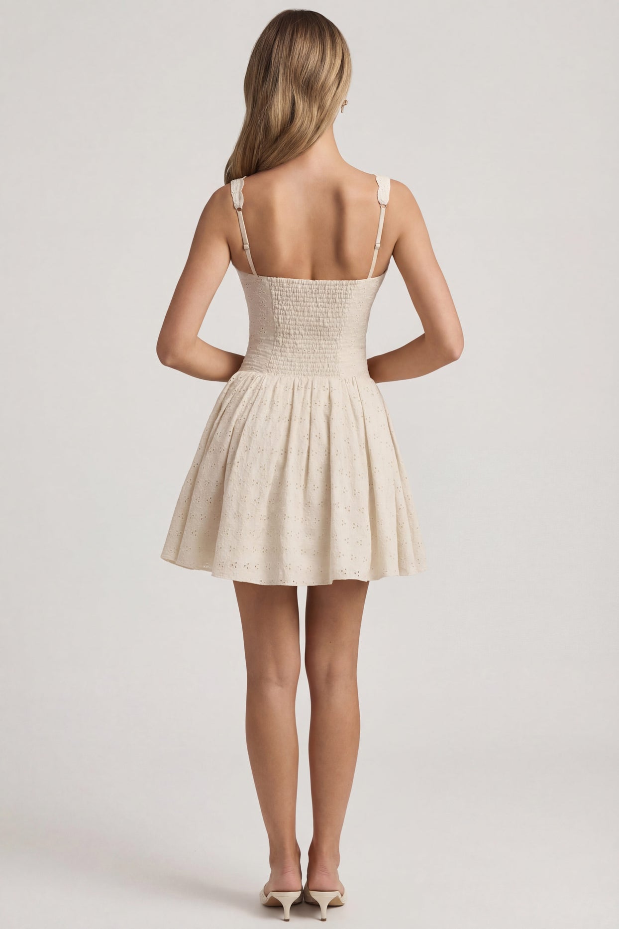 Broderie Anglaise Bow-Detail A-Line Mini Dress in Ivory - 3