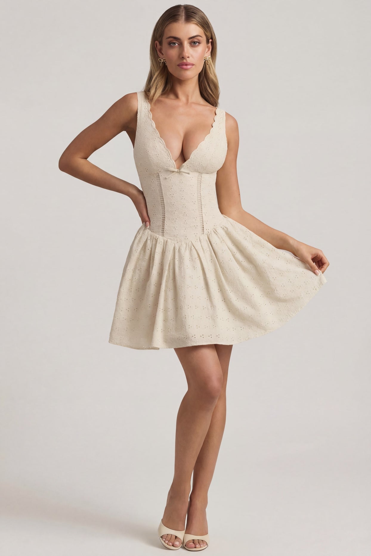 Broderie Anglaise Bow-Detail A-Line Mini Dress in Ivory - 6