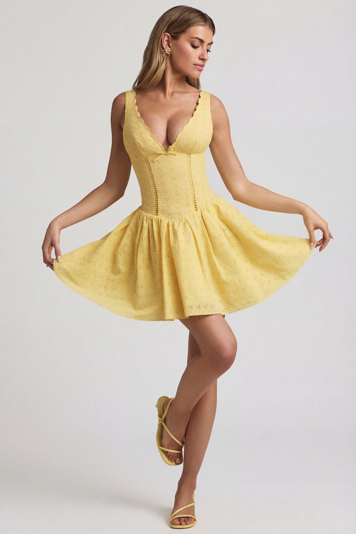 Broderie Anglaise Bow-Detail A-Line Mini Dress in Pastel Yellow - 5