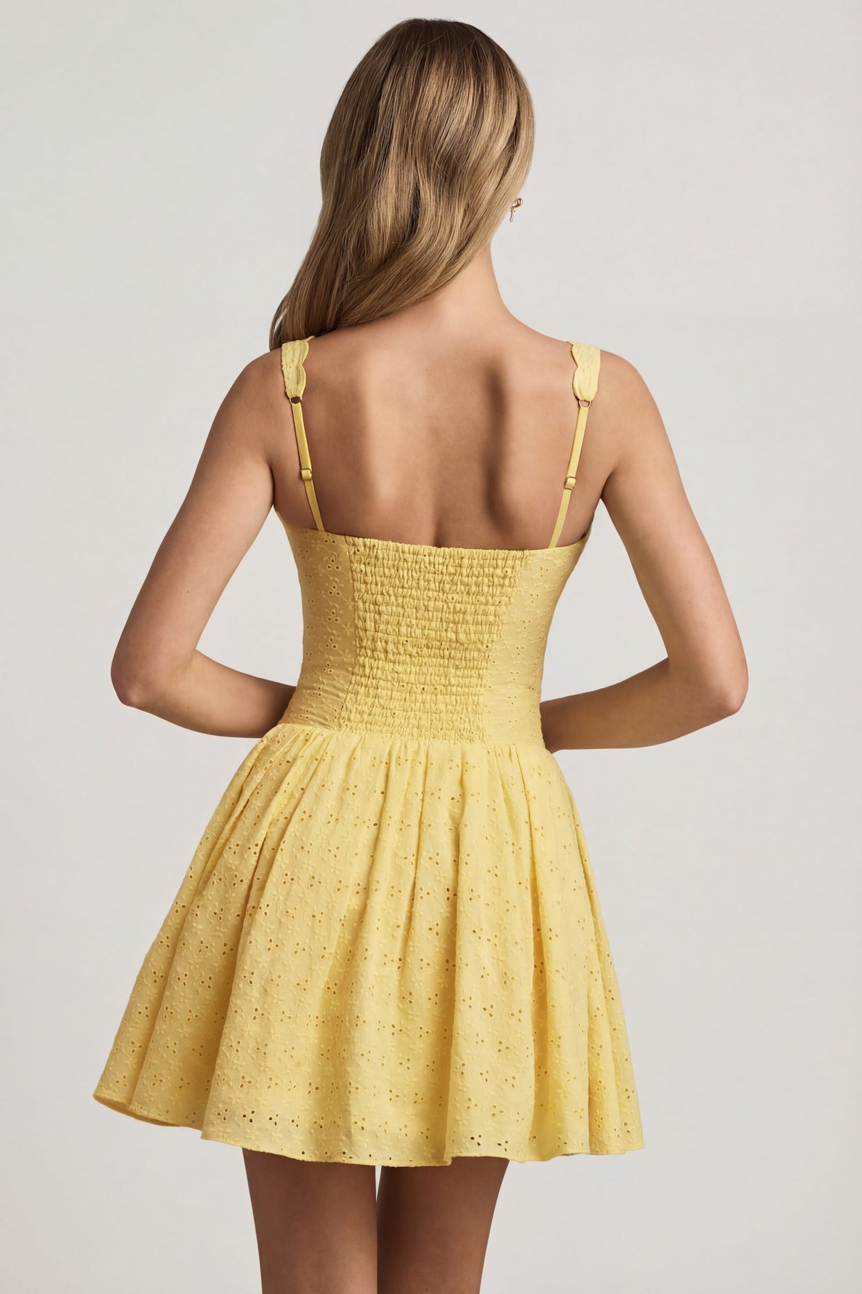 Broderie Anglaise Bow-Detail A-Line Mini Dress in Pastel Yellow - 3