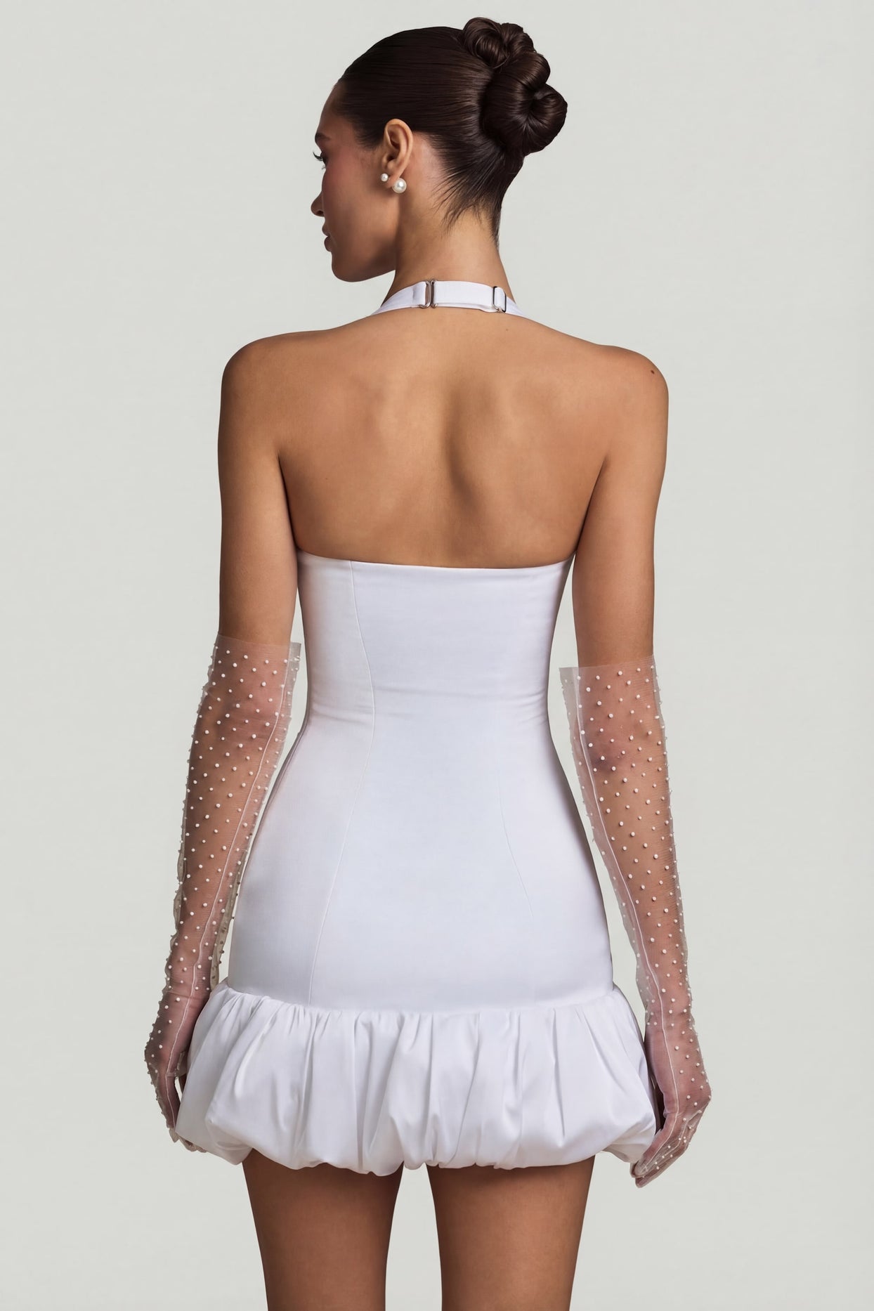 Bow-Detail Halterneck Bubble Hem Mini Dress in White - 3