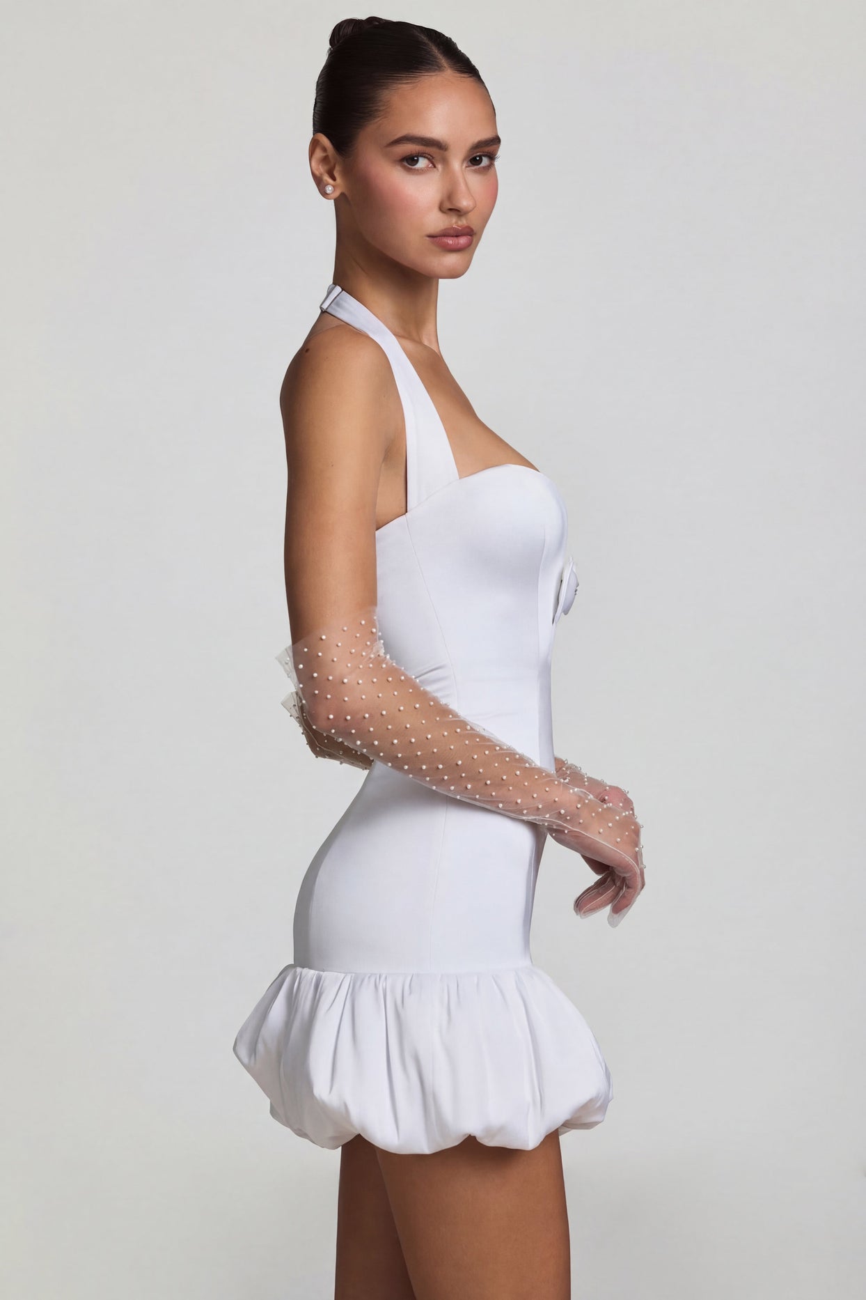 Bow-Detail Halterneck Bubble Hem Mini Dress in White - 4