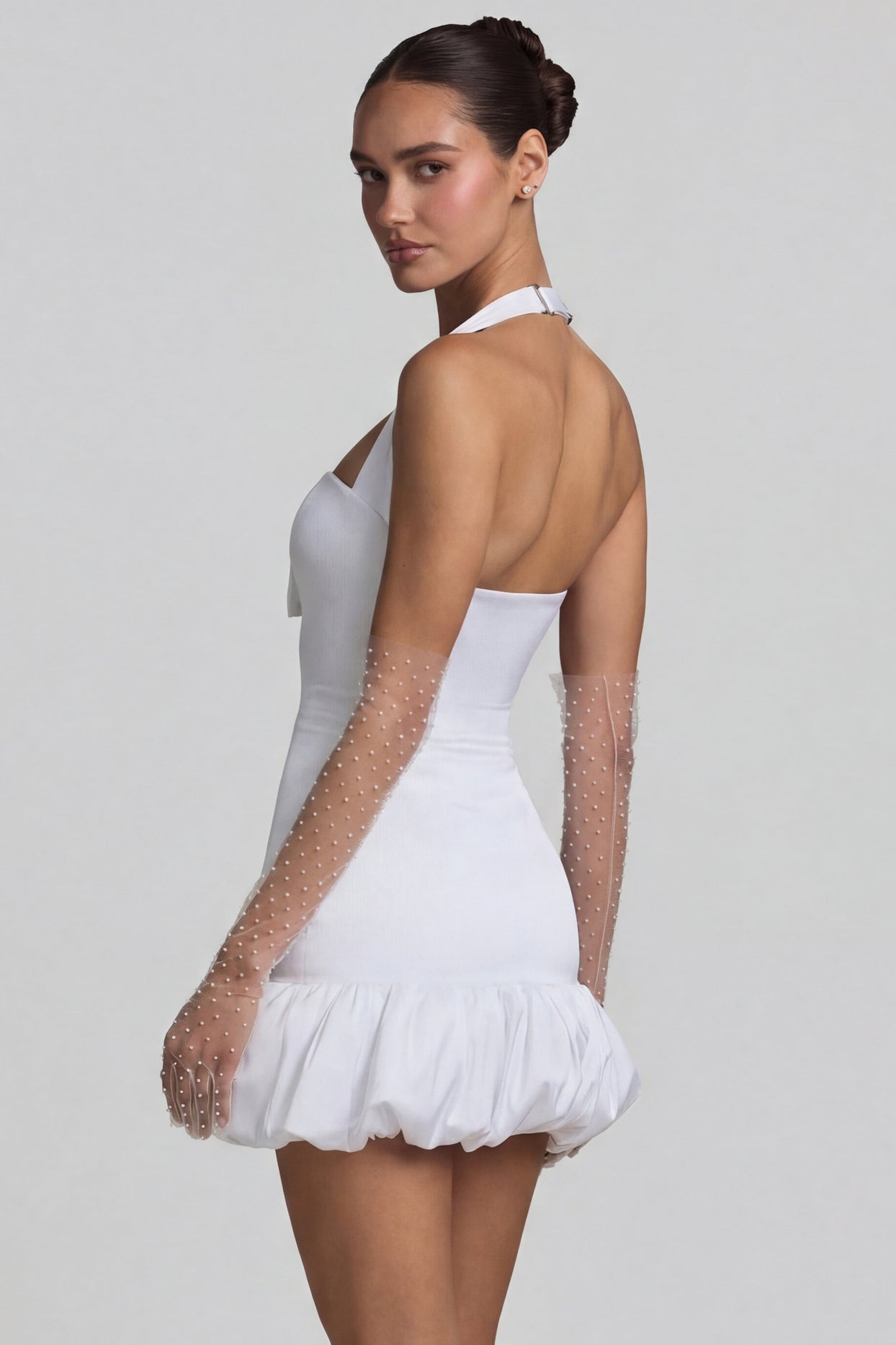 Bow-Detail Halterneck Bubble Hem Mini Dress in White - 7