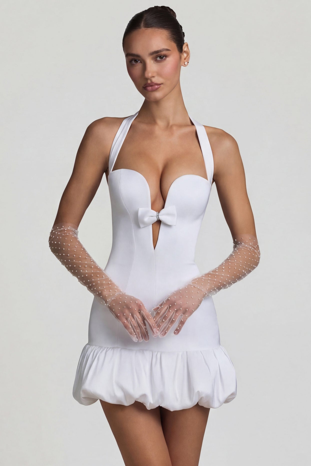 Bow-Detail Halterneck Bubble Hem Mini Dress in White - 6