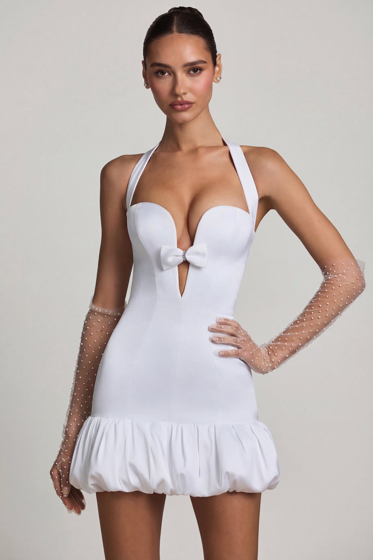 Bow-Detail Halterneck Bubble Hem Mini Dress in White - 1