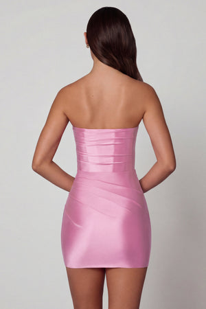 Oh Polly's Roberta wearing the Yesenia Mini Dress in Ballet Pink Satin Jersey fabric perfect for spring garden parties